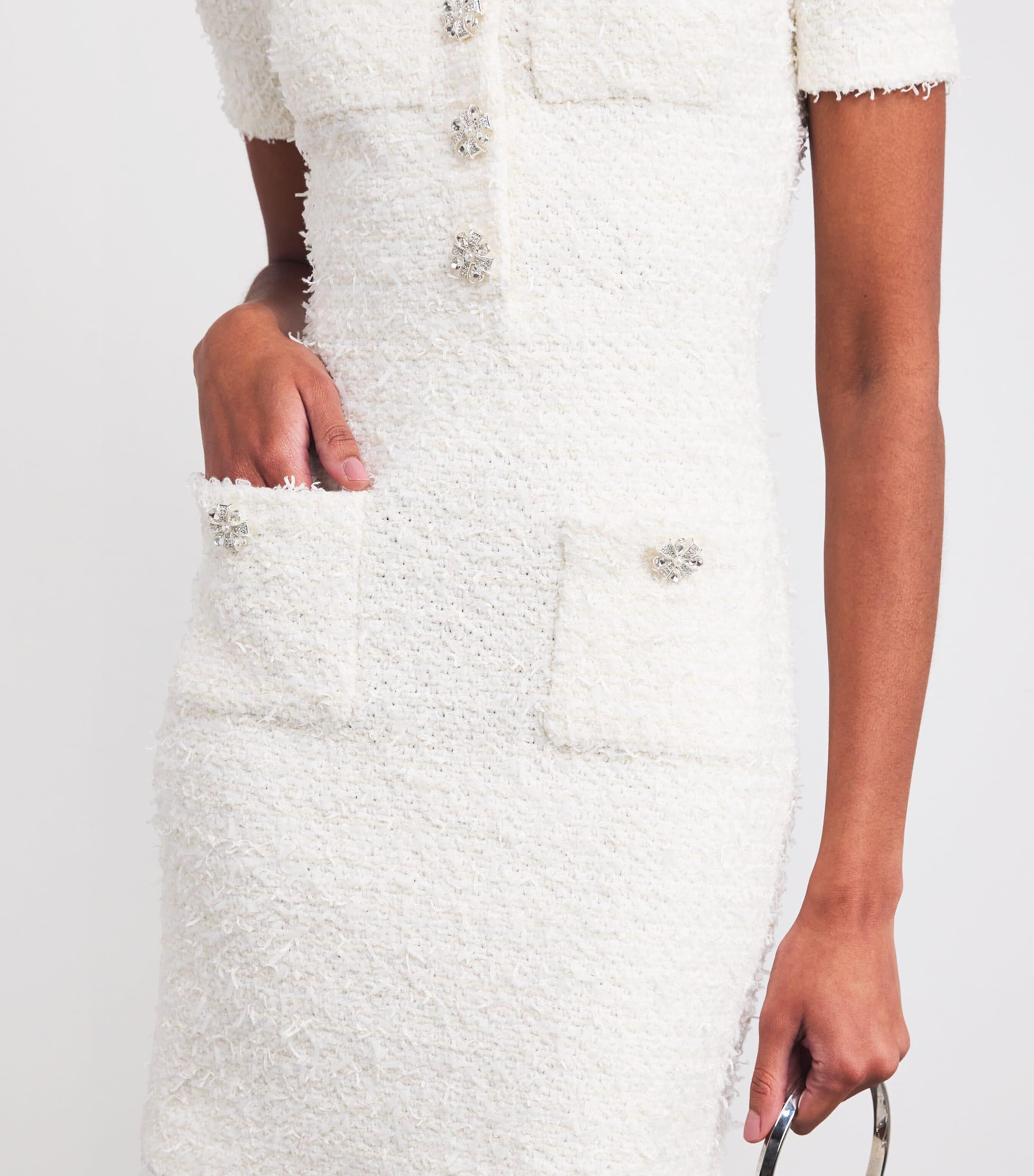 Self-Portrait Cream Boucl Knit Mini Dress With Crystal Buttons in White |  Lyst