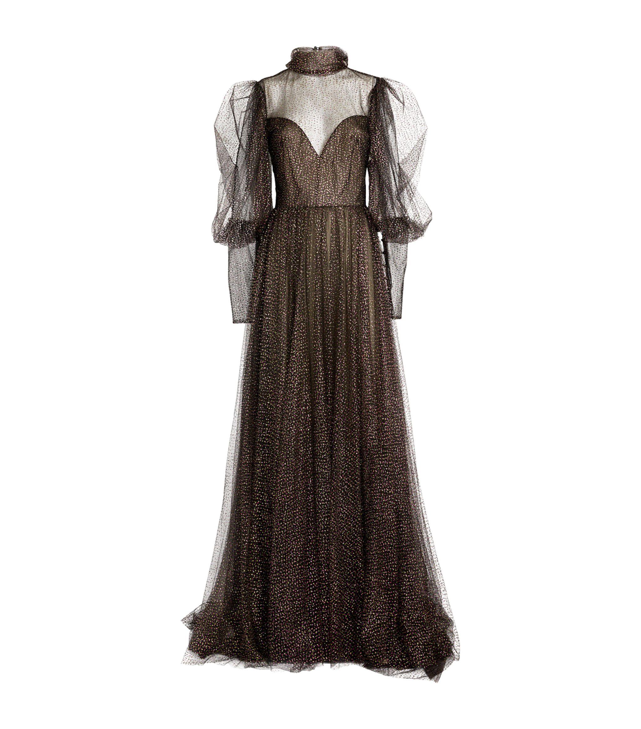 One-Shoulder Glitter Tulle Gown with Lace-Up Back Brown main image 1