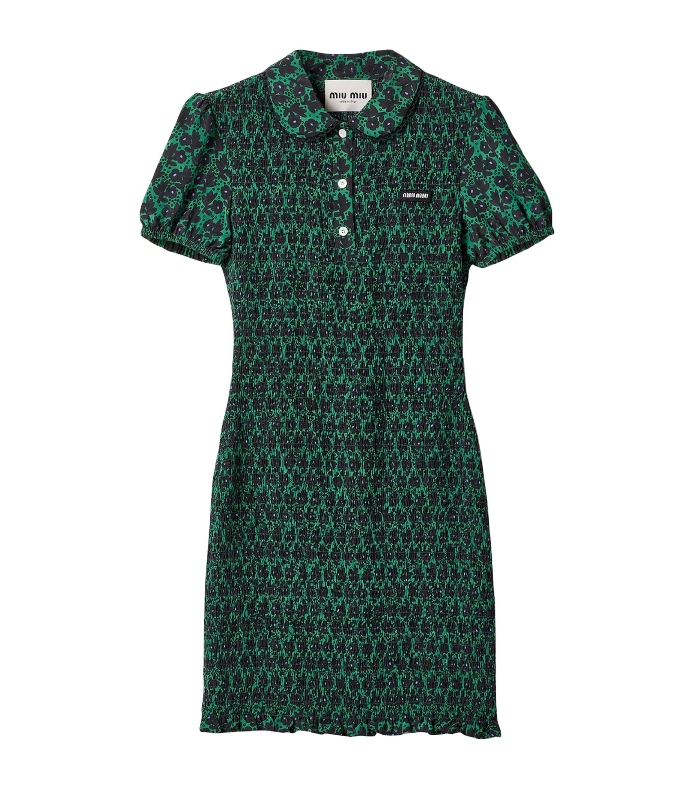 miu miu dress green Miu Miu Floral smocked silk mini dress – Luisa World main image 1