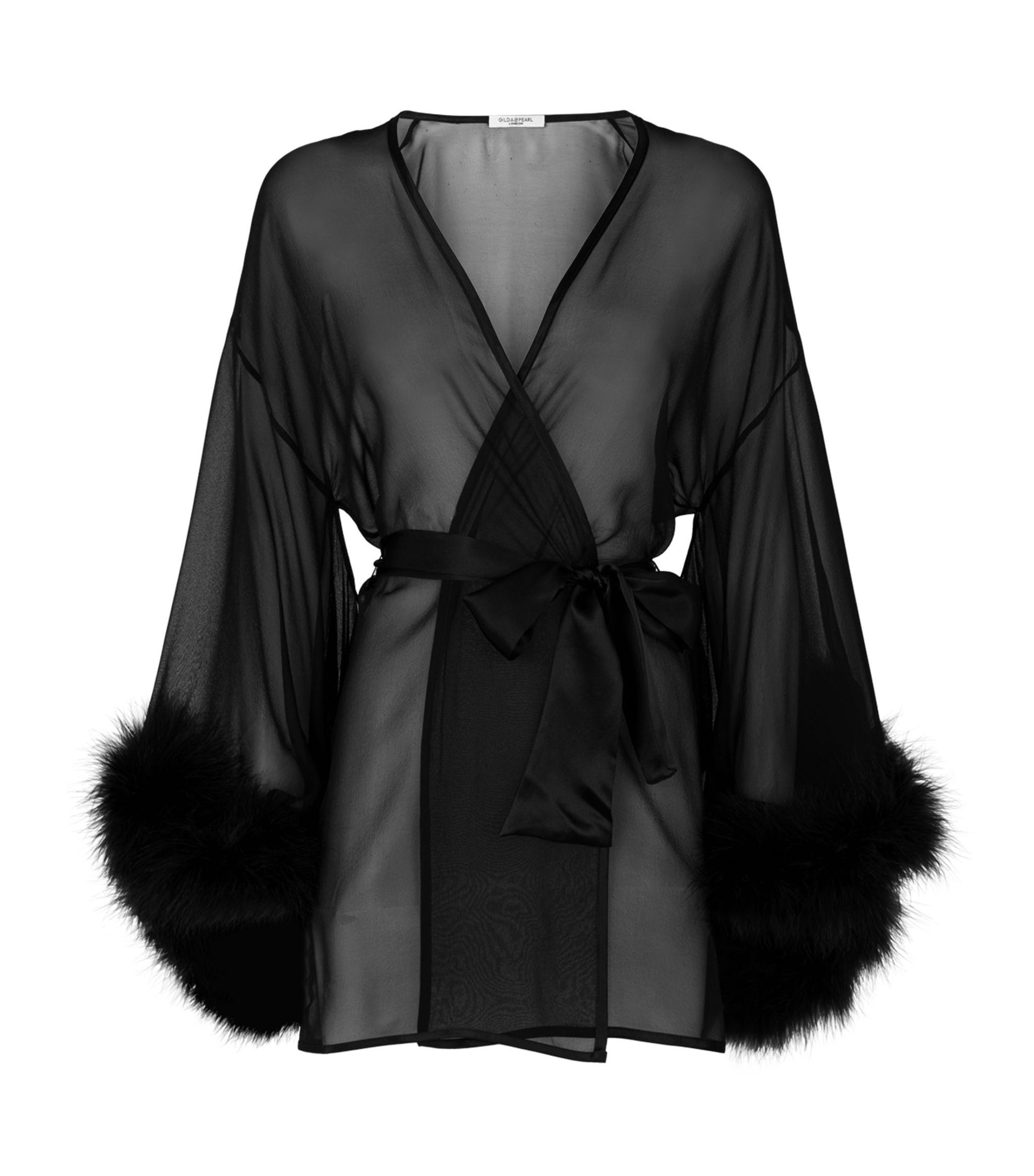 Gilda & Pearl Silk Marabou Trim Kimono Robe in Black - Save 8% - Lyst