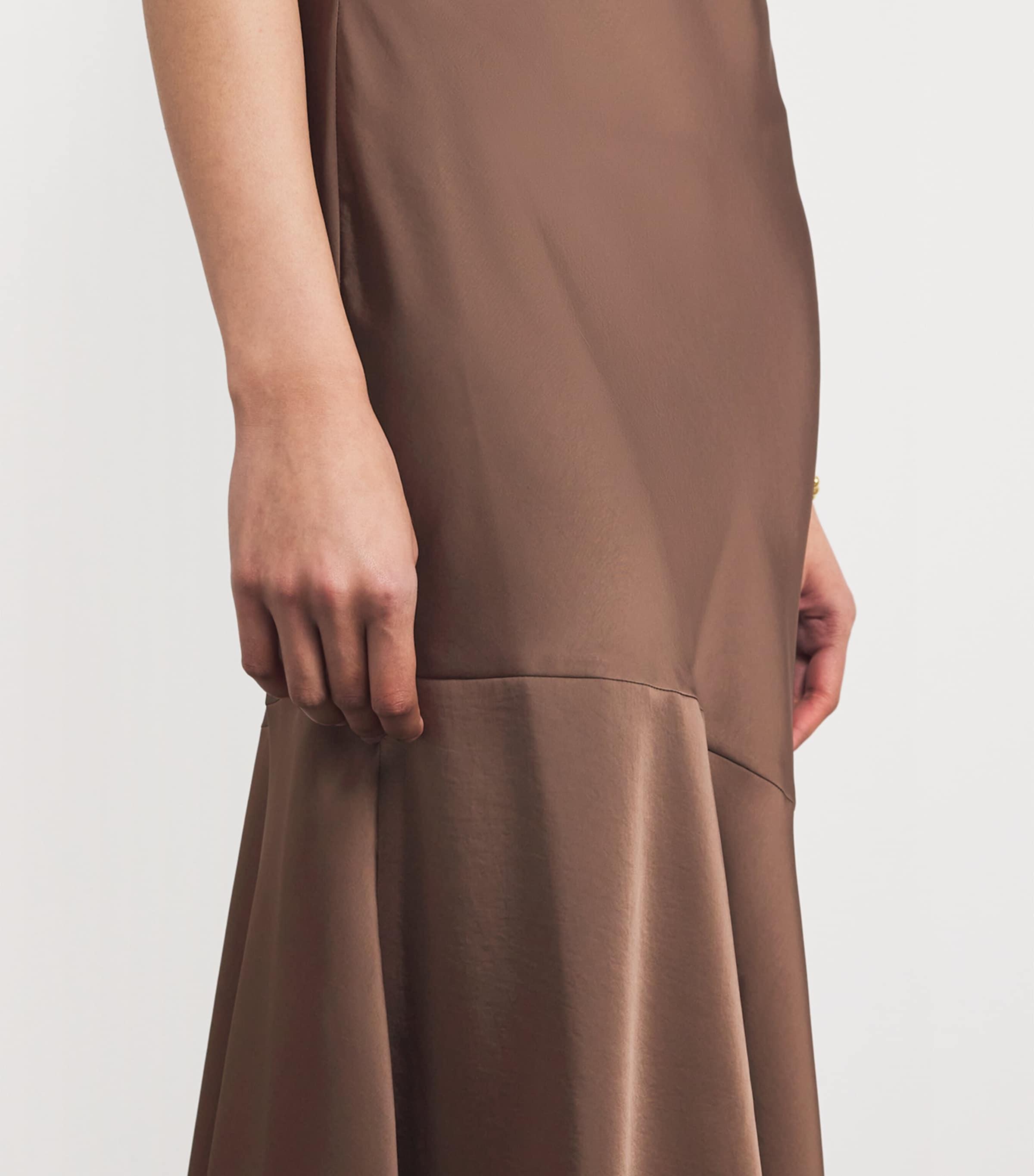 claudie pierlot brown dress Satin V-Neck Midi in Color:#53-Dark Gray Mocha-Brown Low Back Midi wedding lace sleeves wedding dresses lace romantic wedding dresses