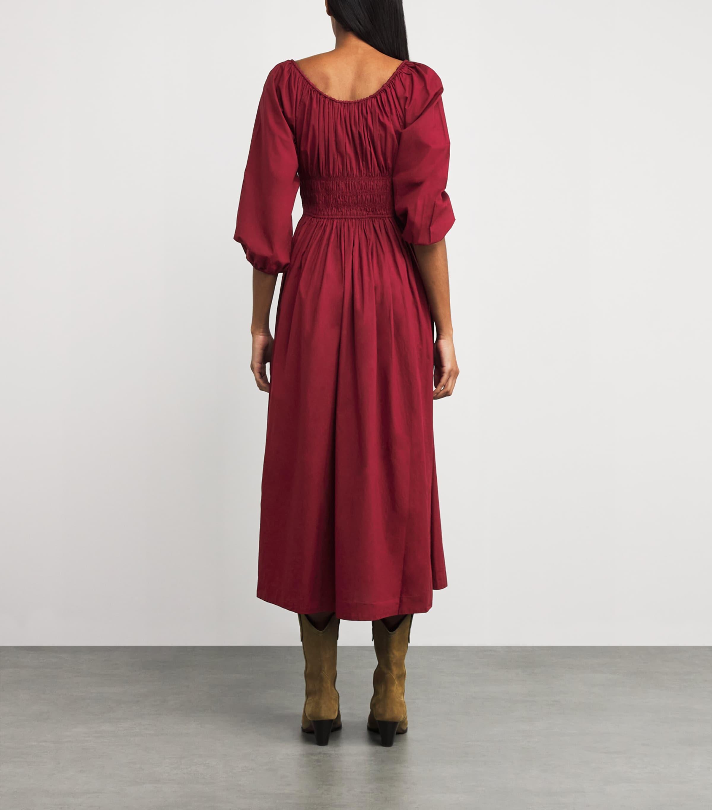 doen red dress Print the Veda Dress features short puffed sleeves and a sweetheart neckline adorned with intricate floral lace and a fixed grosgrain bow Marianne Dress - Scarlet |