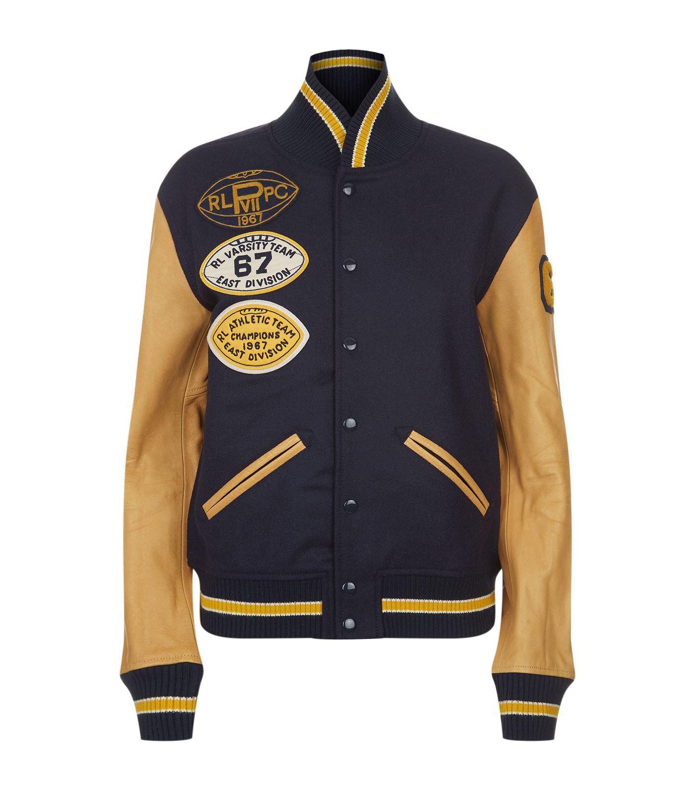 Polo Ralph Lauren Leather Varsity Patchwork Bomber Jacket in Navy Blue ...