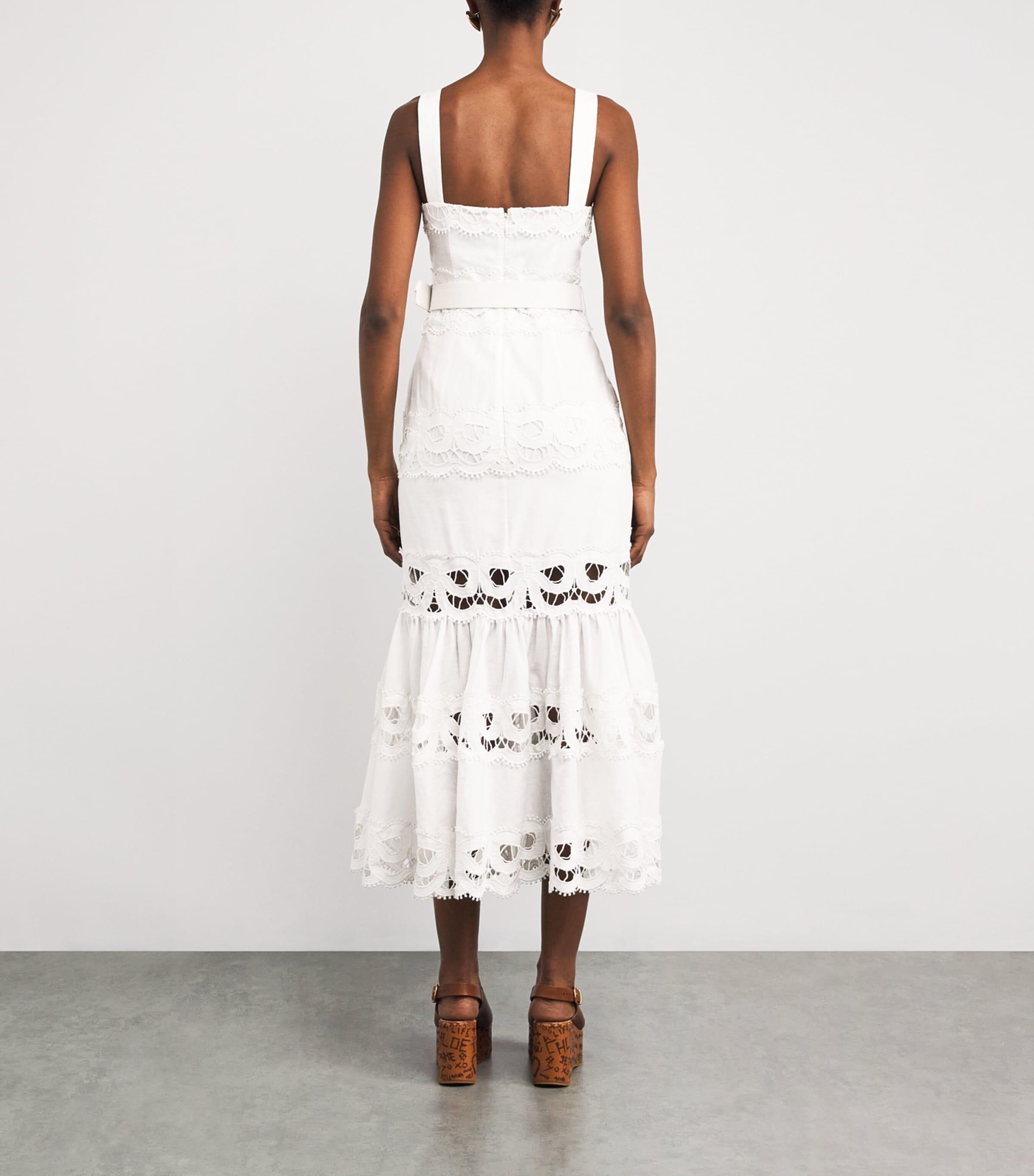 Self-Portrait Lace-Insert Belted Midi Dress in White | Lyst
