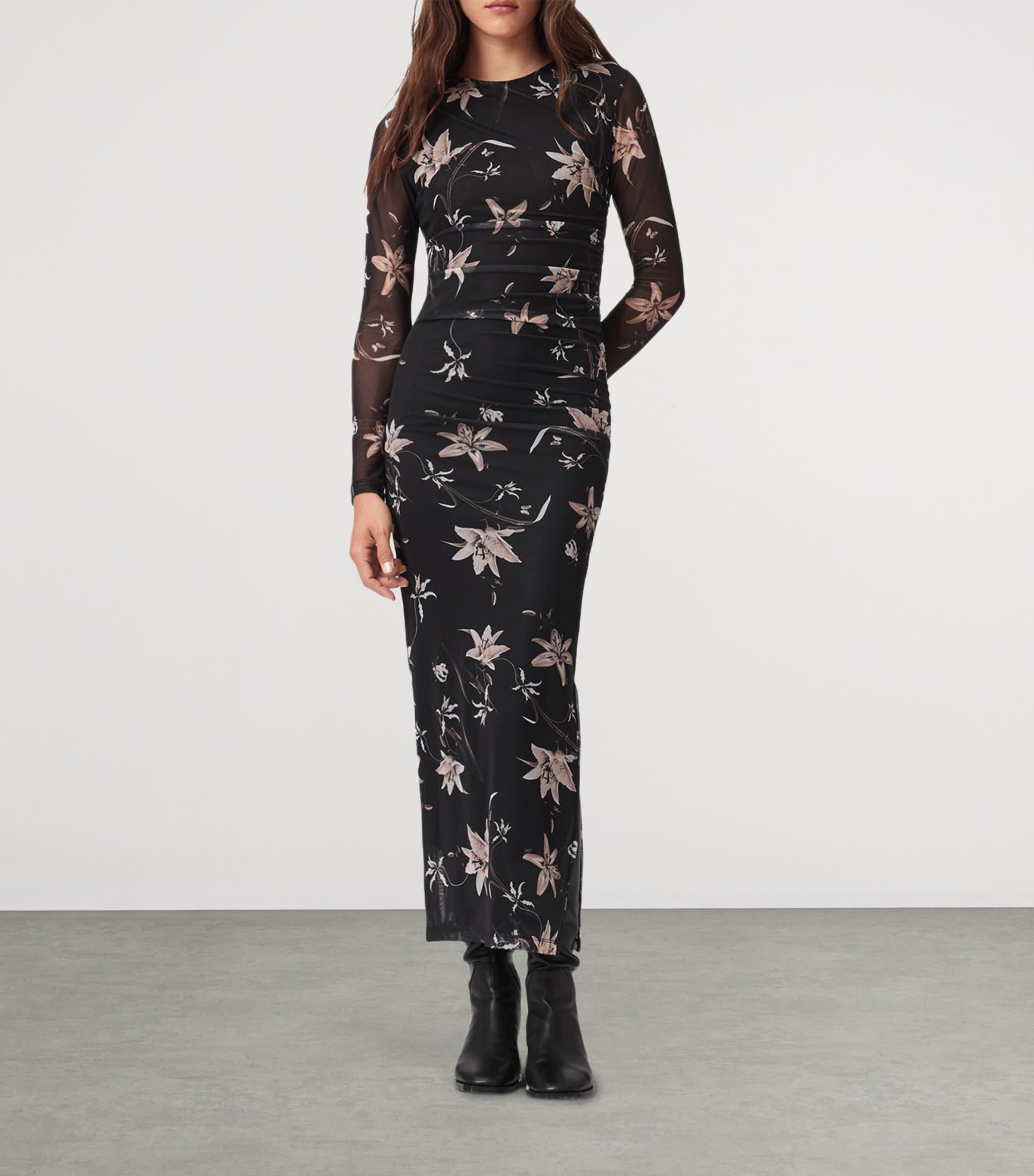 AllSaints Mesh Floral Print Caia Dress in Black | Lyst