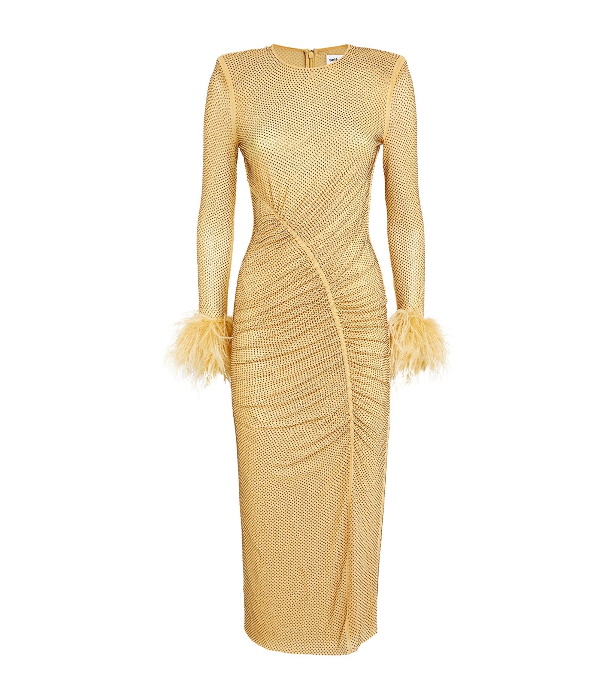 Self-Portrait Rhinestone Feather-trim Midi Dress in Metallic