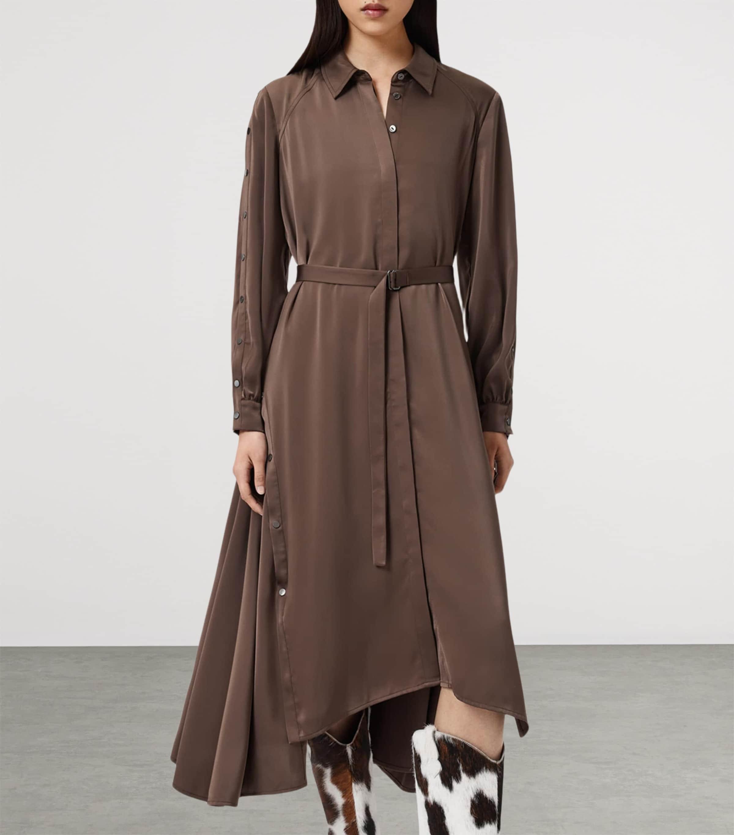 AllSaints Satin Lexi Midi Shirt Dress in Brown | Lyst AllSaints Satin Lexi Midi Shirt Dress in Brown | Lyst
