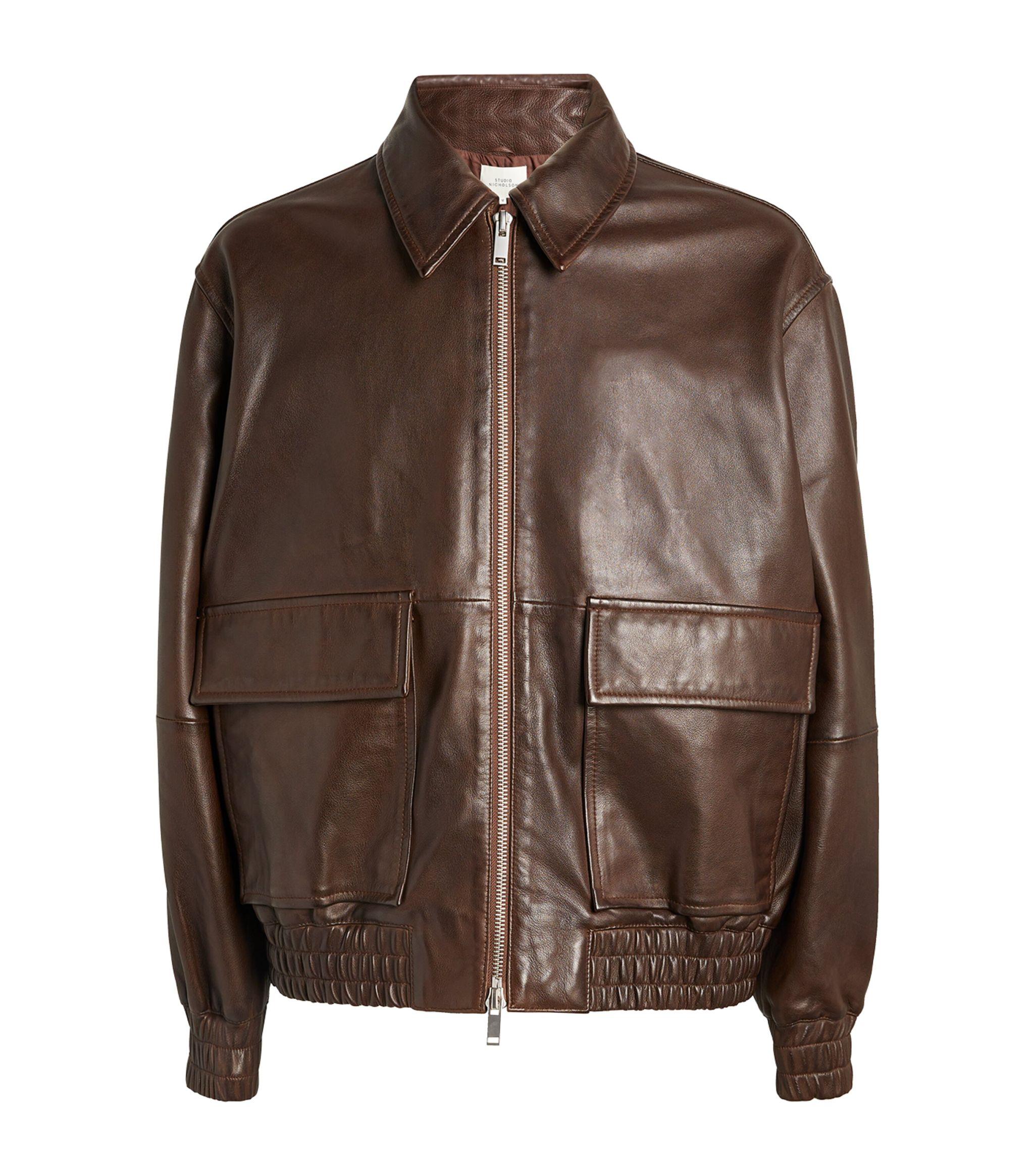 Studio Nicholson Leather Bomber Jacket in Brown for Men | Lyst