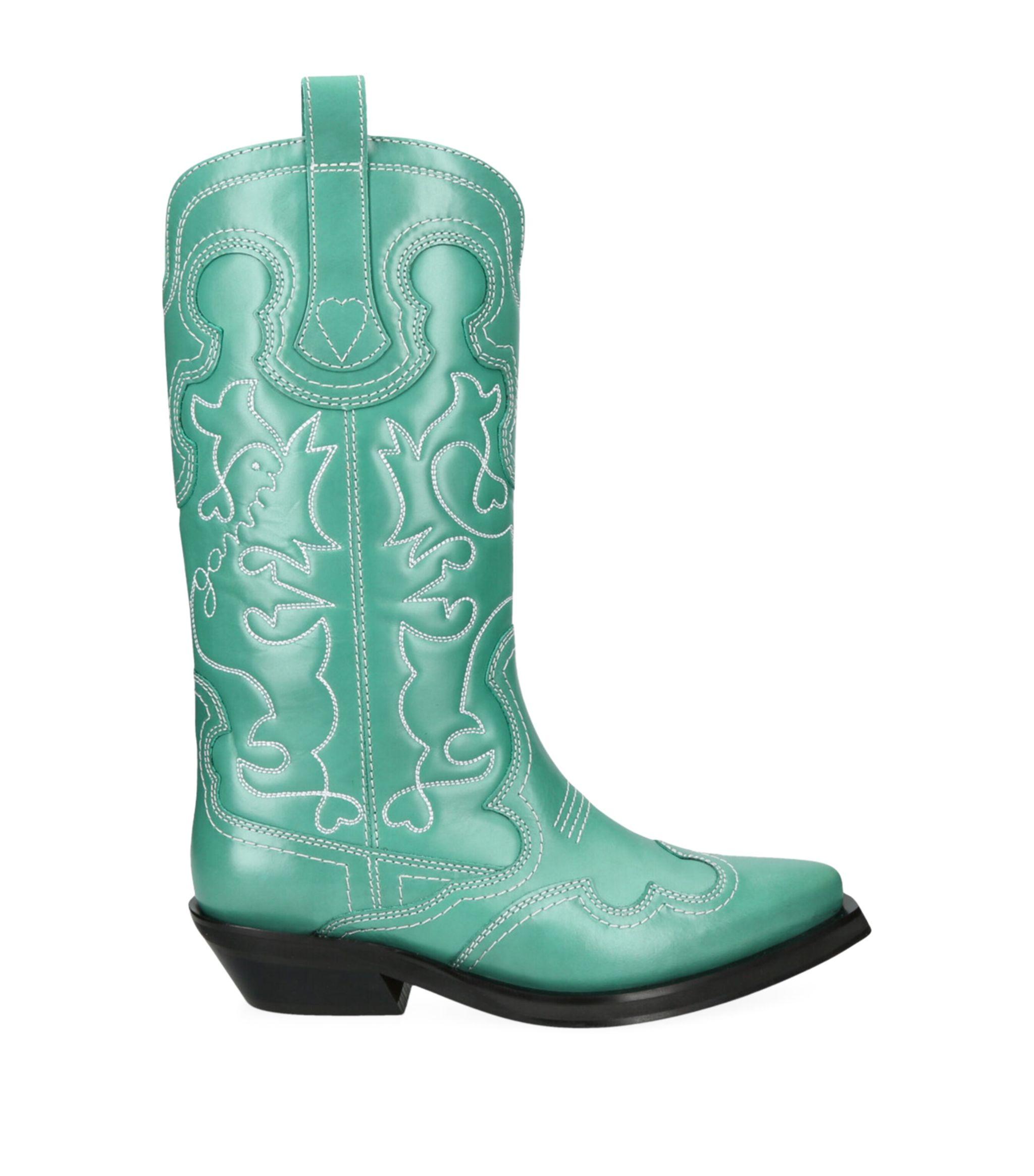 Ganni Leather Mid-shaft Western Boots in Green | Lyst
