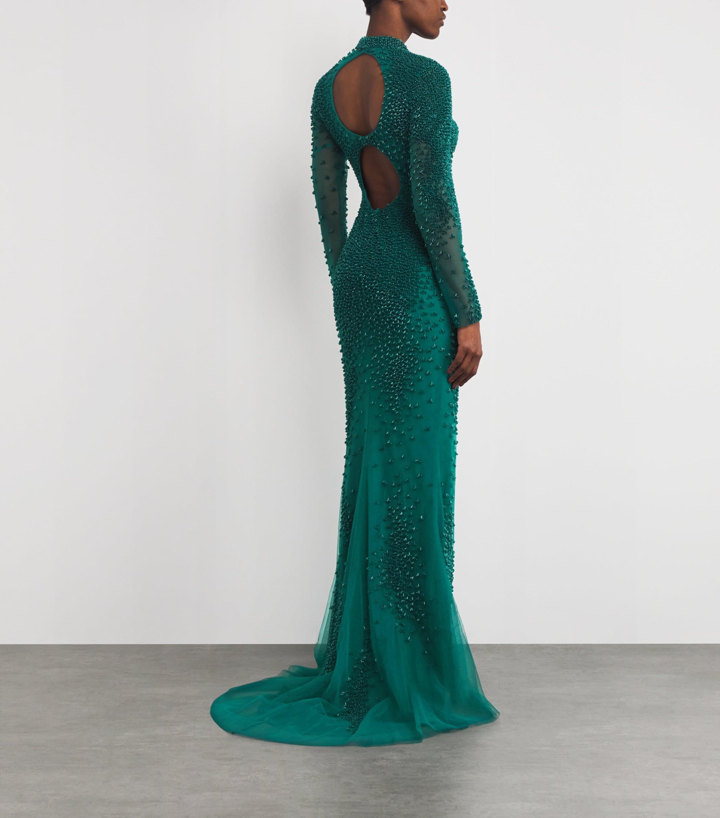 georges hobeika green dress Silk-Blend Beaded Gown in Collection_Layla Bow Dress