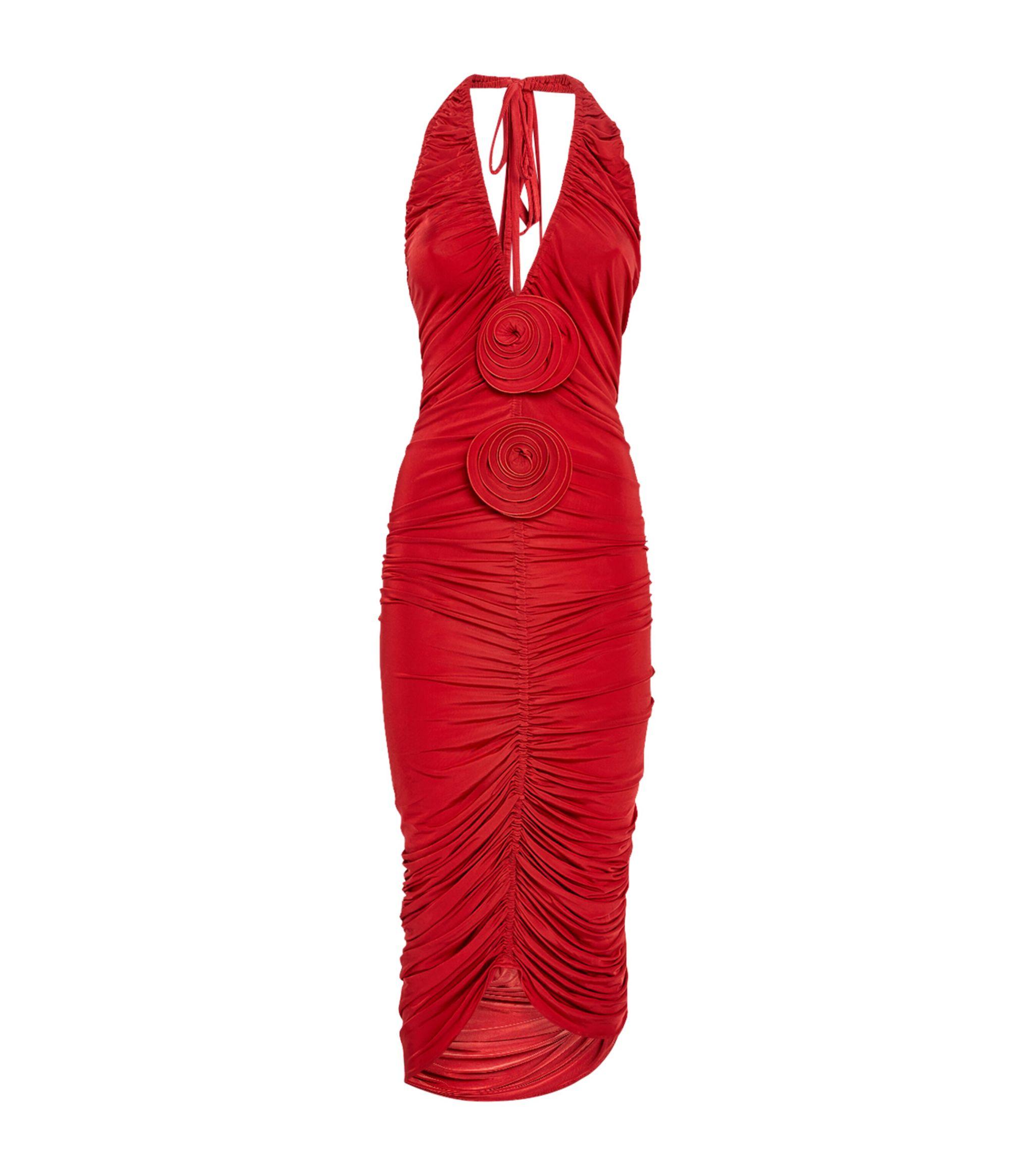 Magda Butrym Rose Appliqué Ruched Midi Dress in Red | Lyst