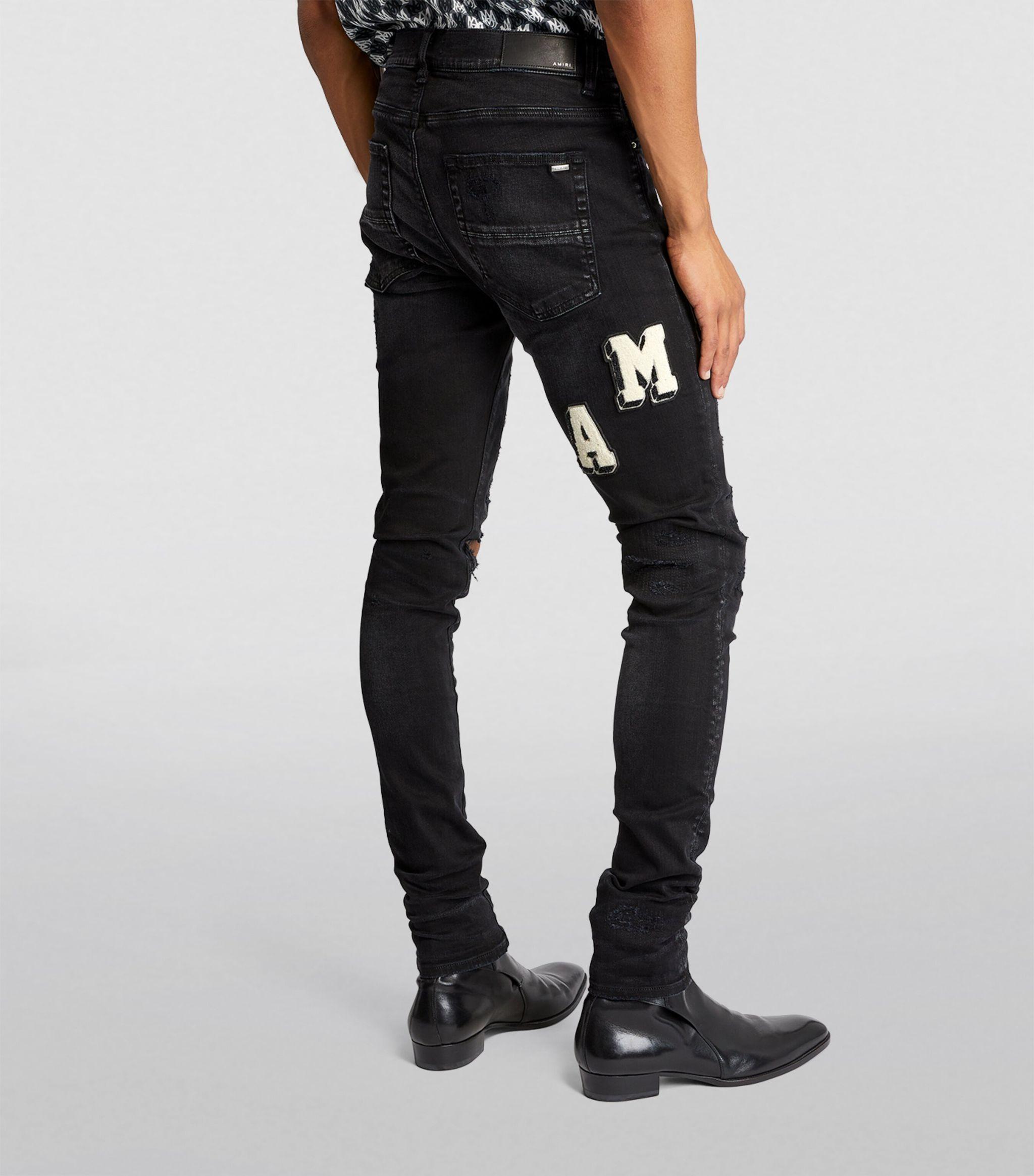 Distressed Jeans Mike Amiri Jeans Black Crystal Embellished Logo Jeans