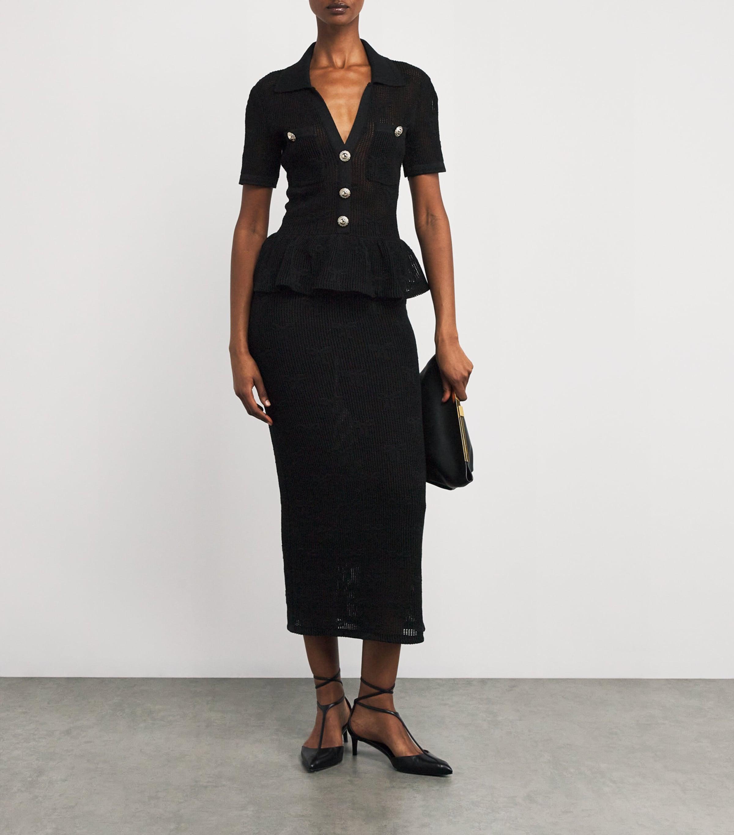 self portrait black knit peplum midi dress SELF-PORTRAIT BANGKOK | The one-and-done option for every occasion, this midi dress is cut from black pointelle knit. A peplum waist detailing flatters the form