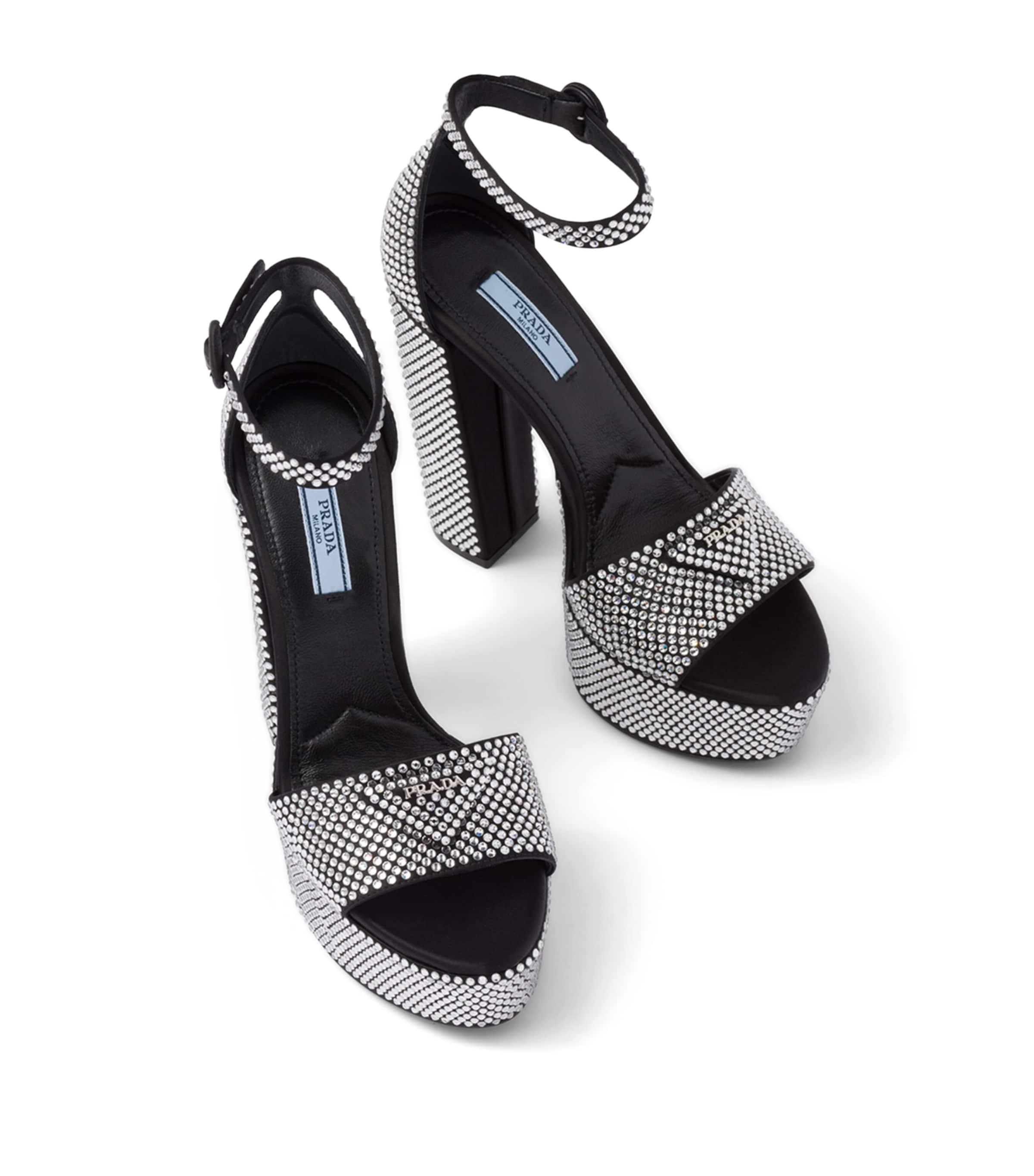 Chunky Prada Sandals With Satin Overlay and Allover Crystal Embellishments  | Sandals heels, Ankle strap chunky heels, Chunky heels sandals