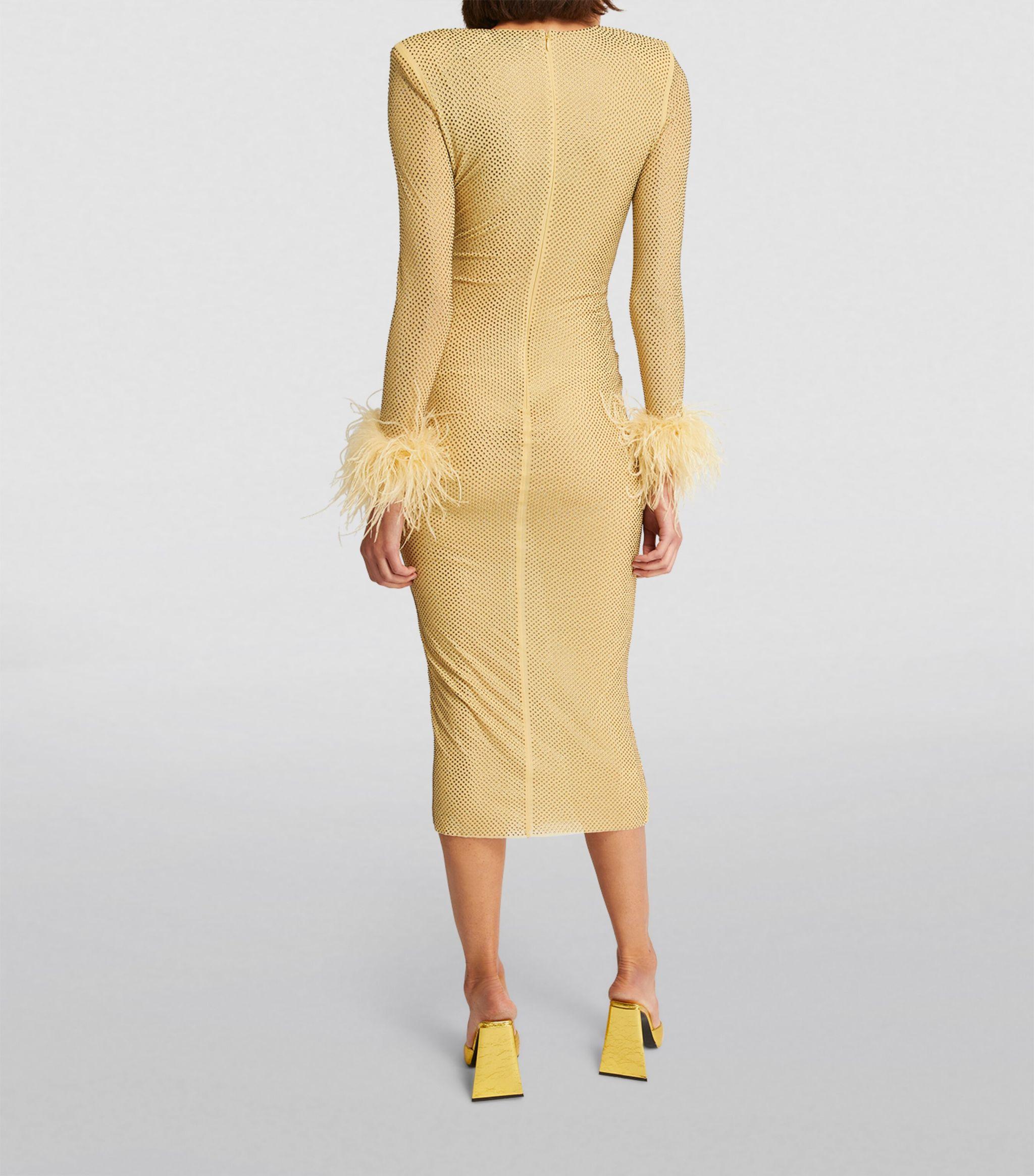 Self-Portrait Rhinestone Feather-trim Midi Dress in Metallic