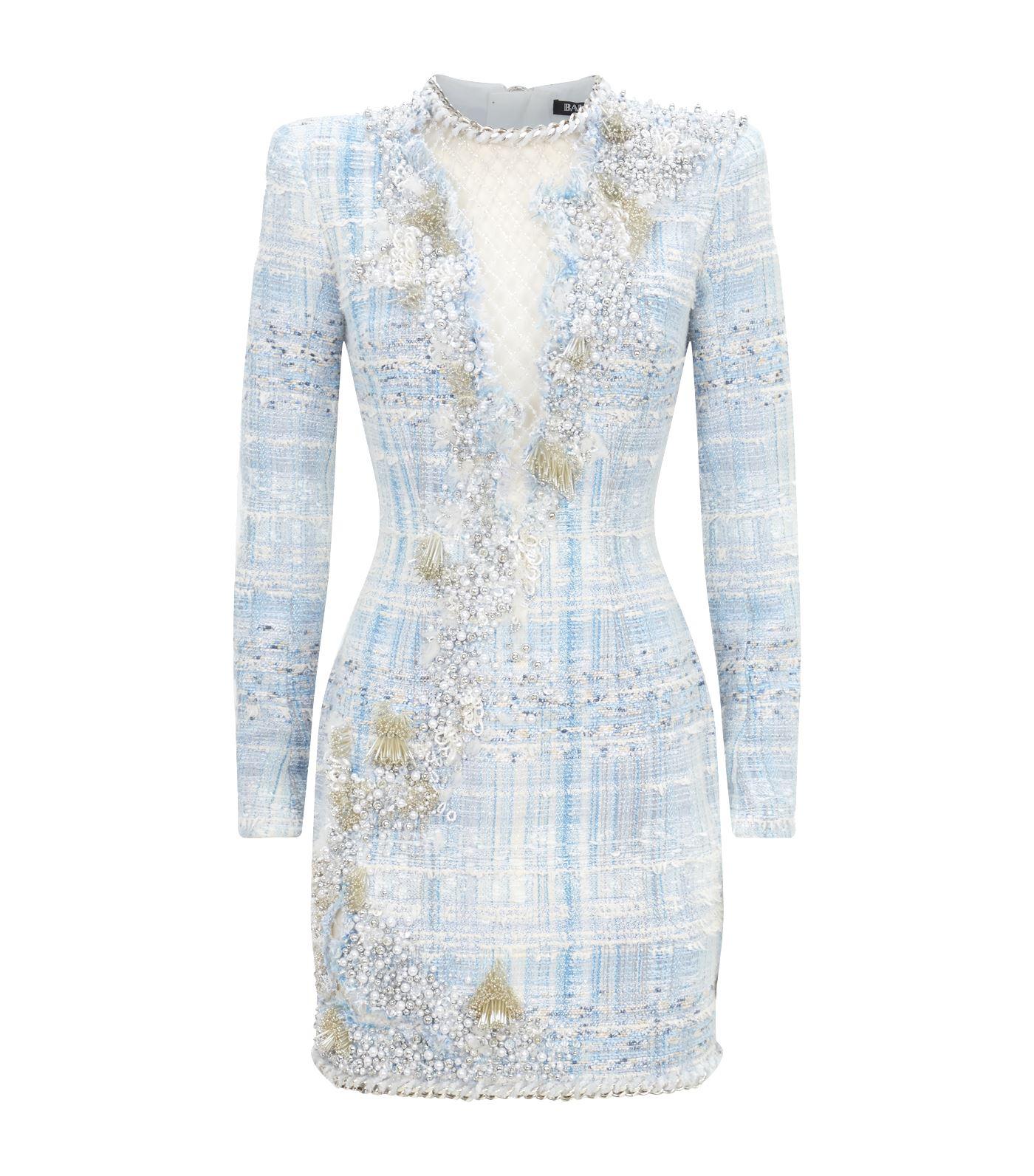 Embroidered Tweed Dress in Blue - Lyst