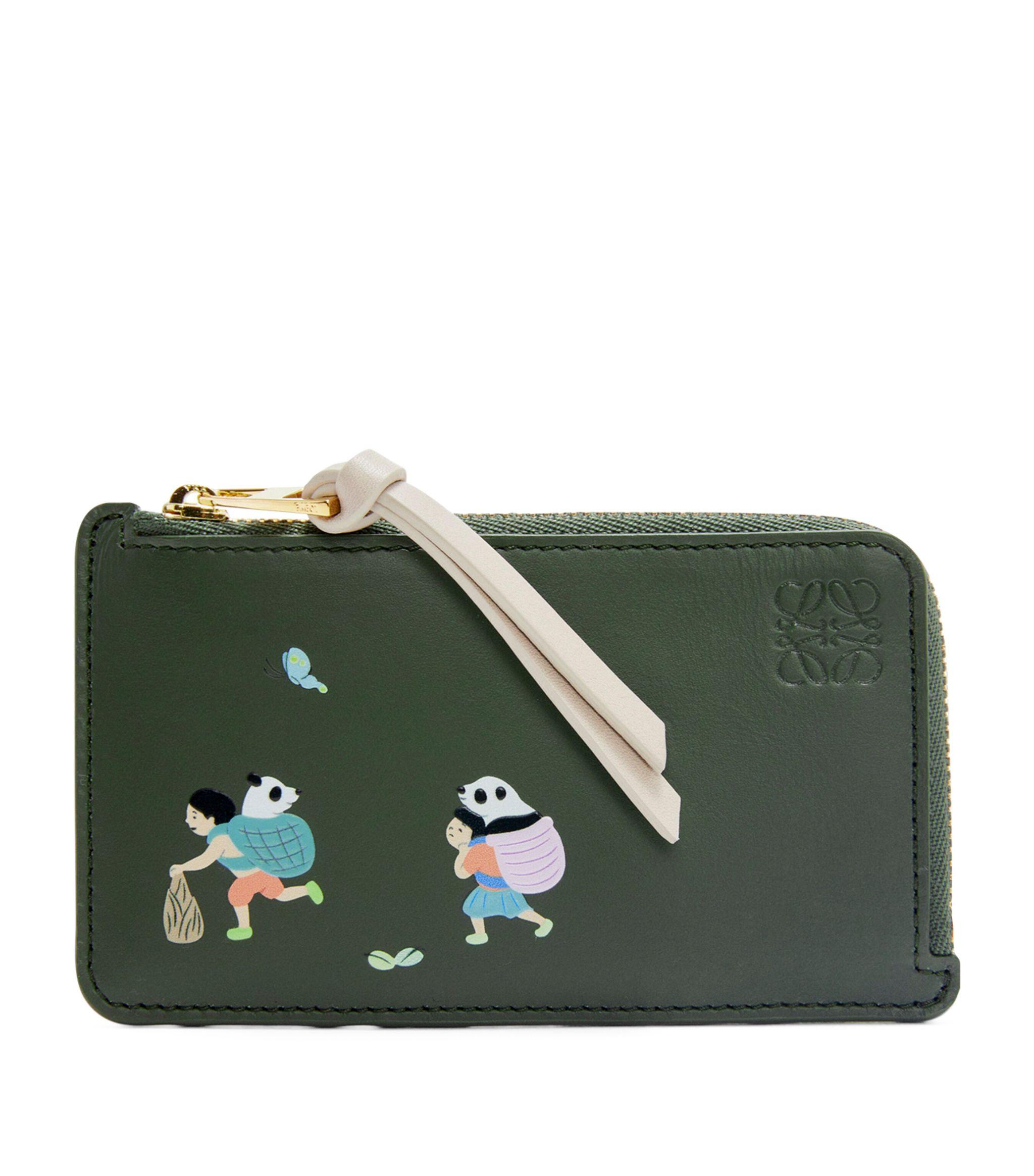 Loewe X Suna Fujita Calfskin Panda Zipped Card Holder in Green
