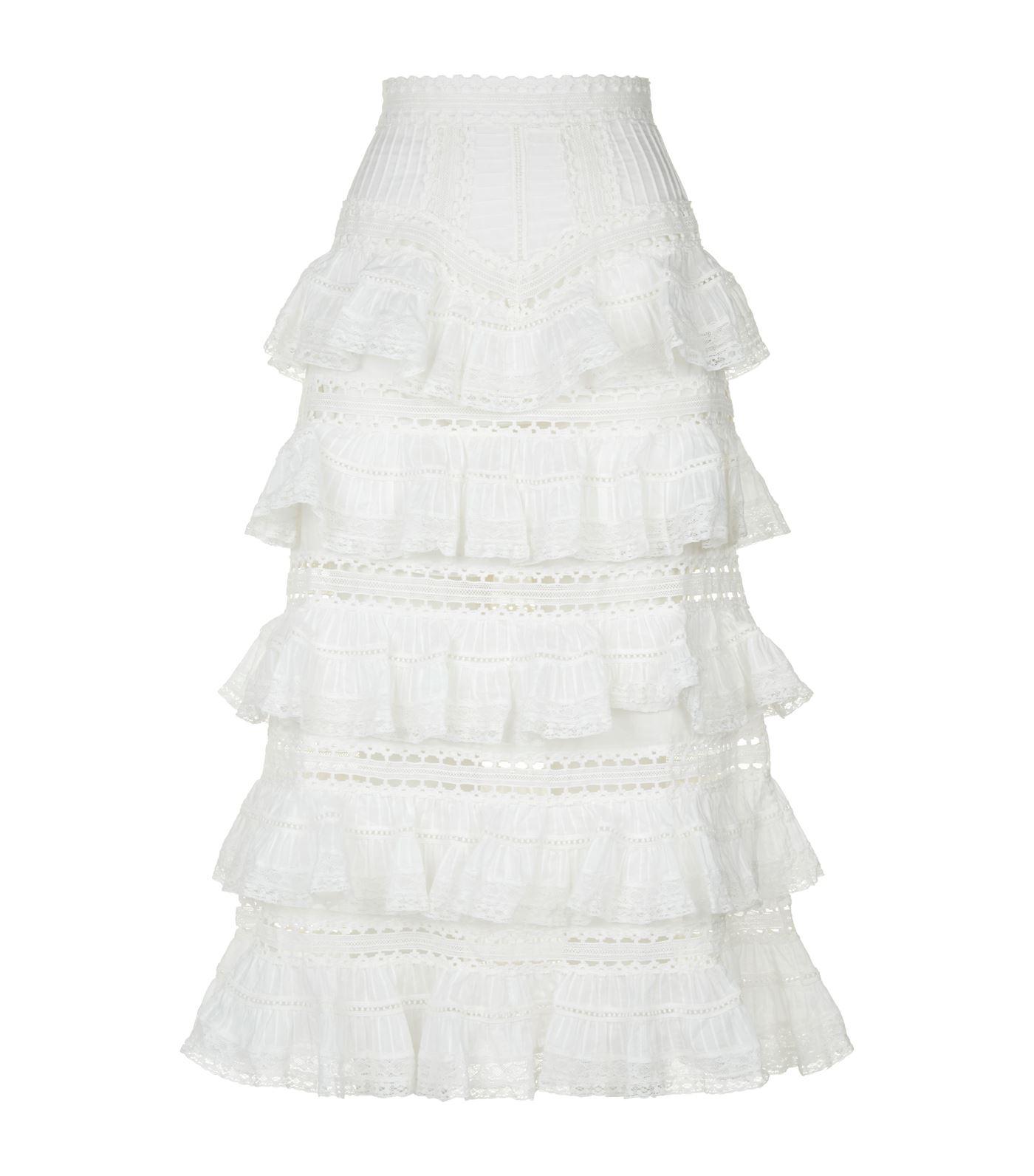 Zimmermann Cotton Heathers Tiered Ruffle Midi Skirt in Ivory (White) - Lyst
