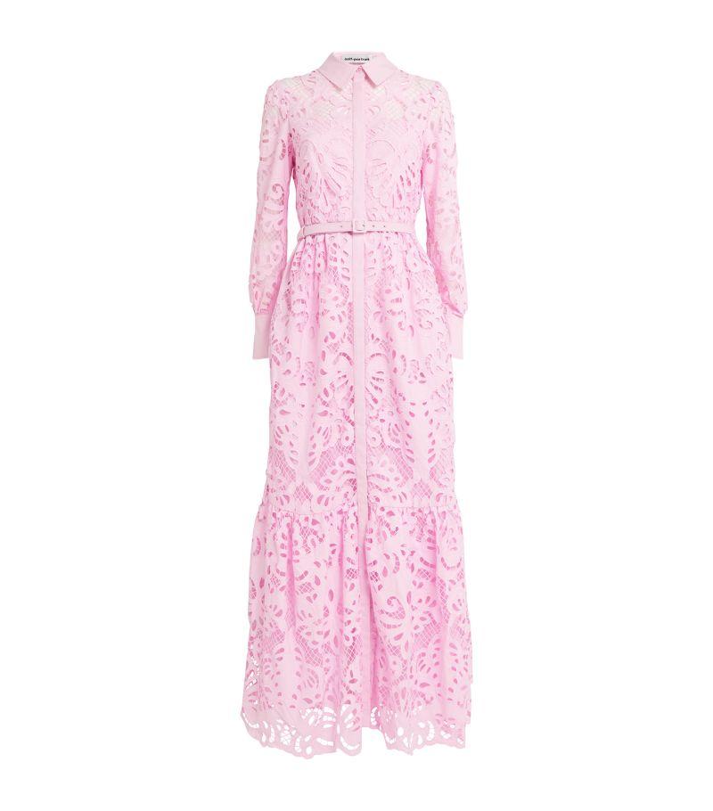 Self-Portrait Lace Belted Maxi Shirt Dress in Pink | Lyst