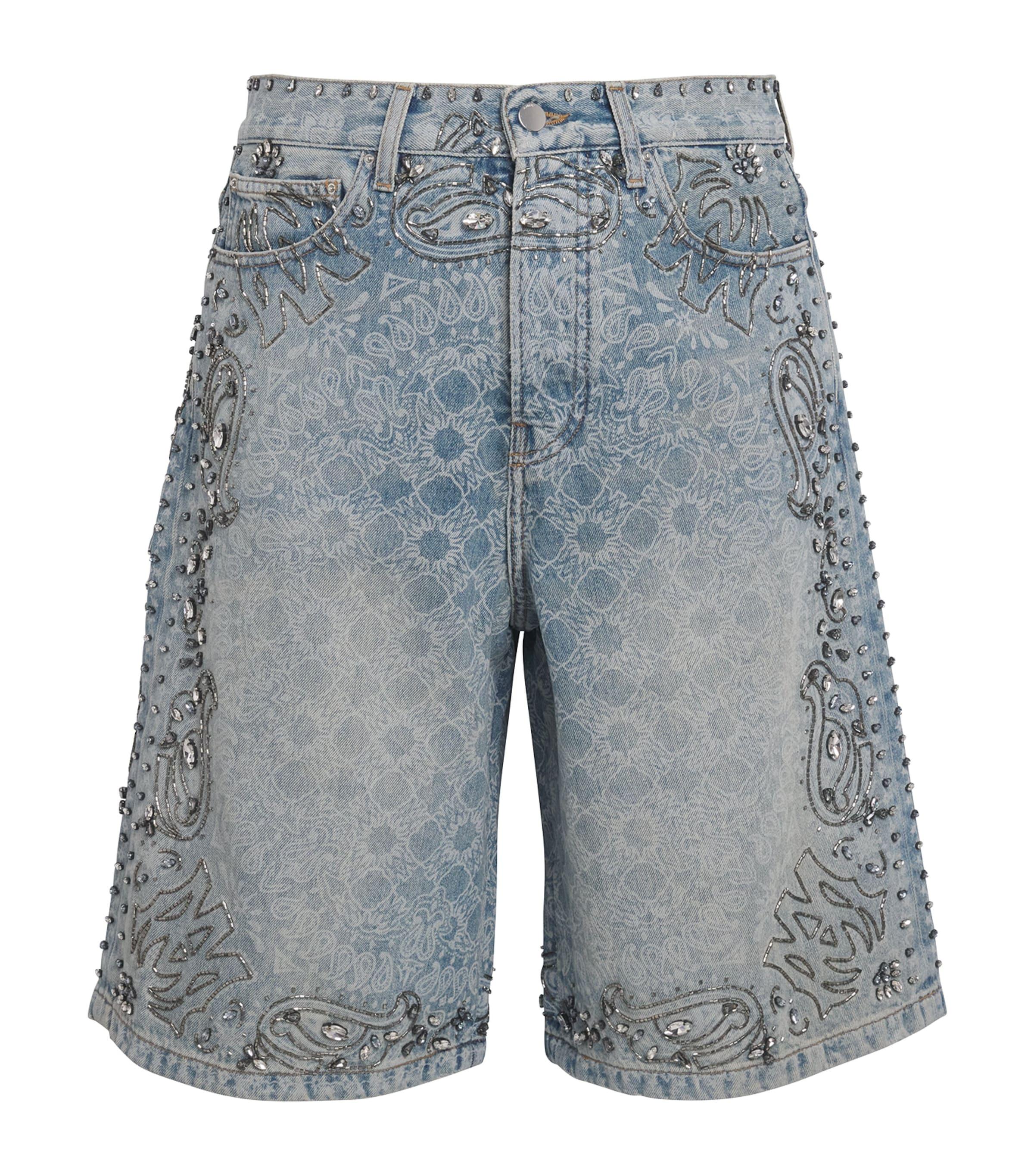 Amiri Crystal-Trim Bandana Denim Shorts in Blue for Men | Lyst