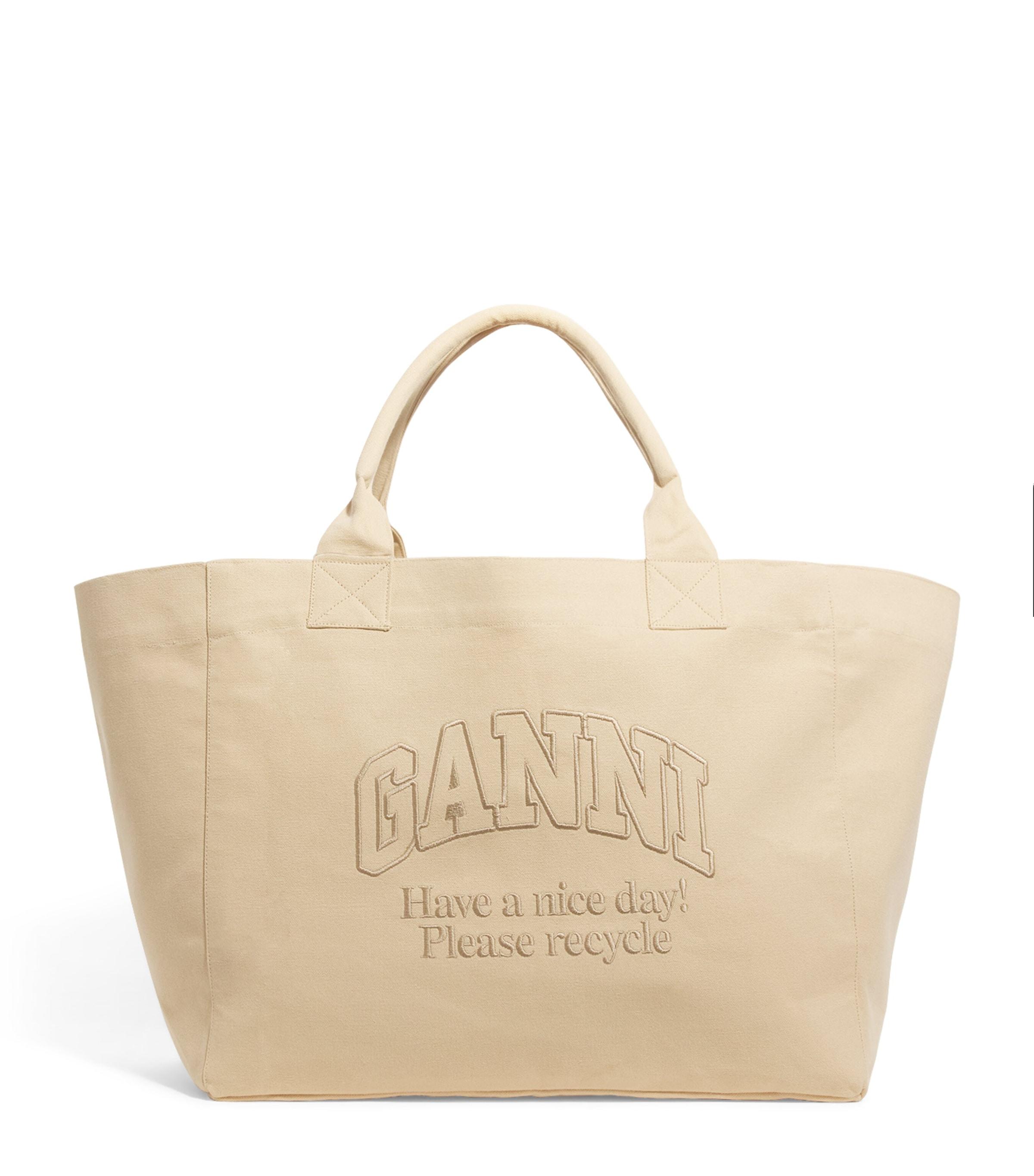 Ganni Canvas Logo Oversized Tote Bag in Natural | Lyst