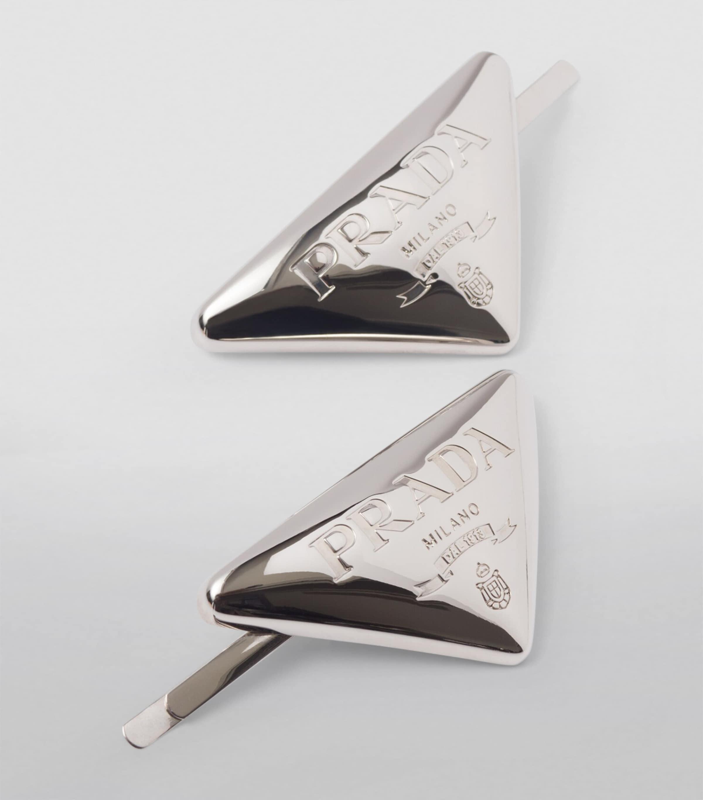 Prada Black Triangle Logo Hair Pins - Set of 2 PRADA Set of 2 Triangle Logo Hair Clip Metal Silver Black  main image 3