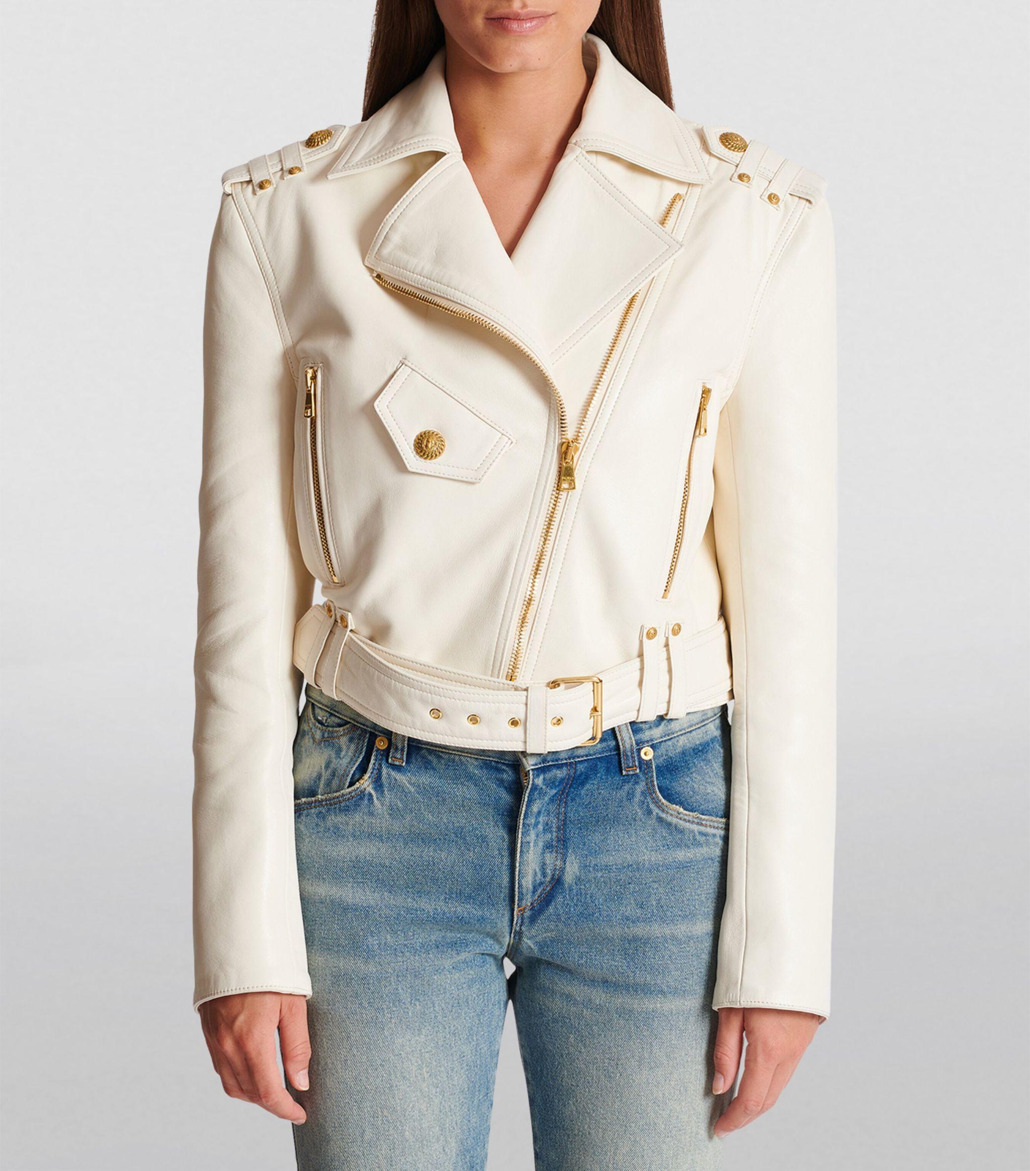 Balmain Leather Biker Jacket in White | Lyst