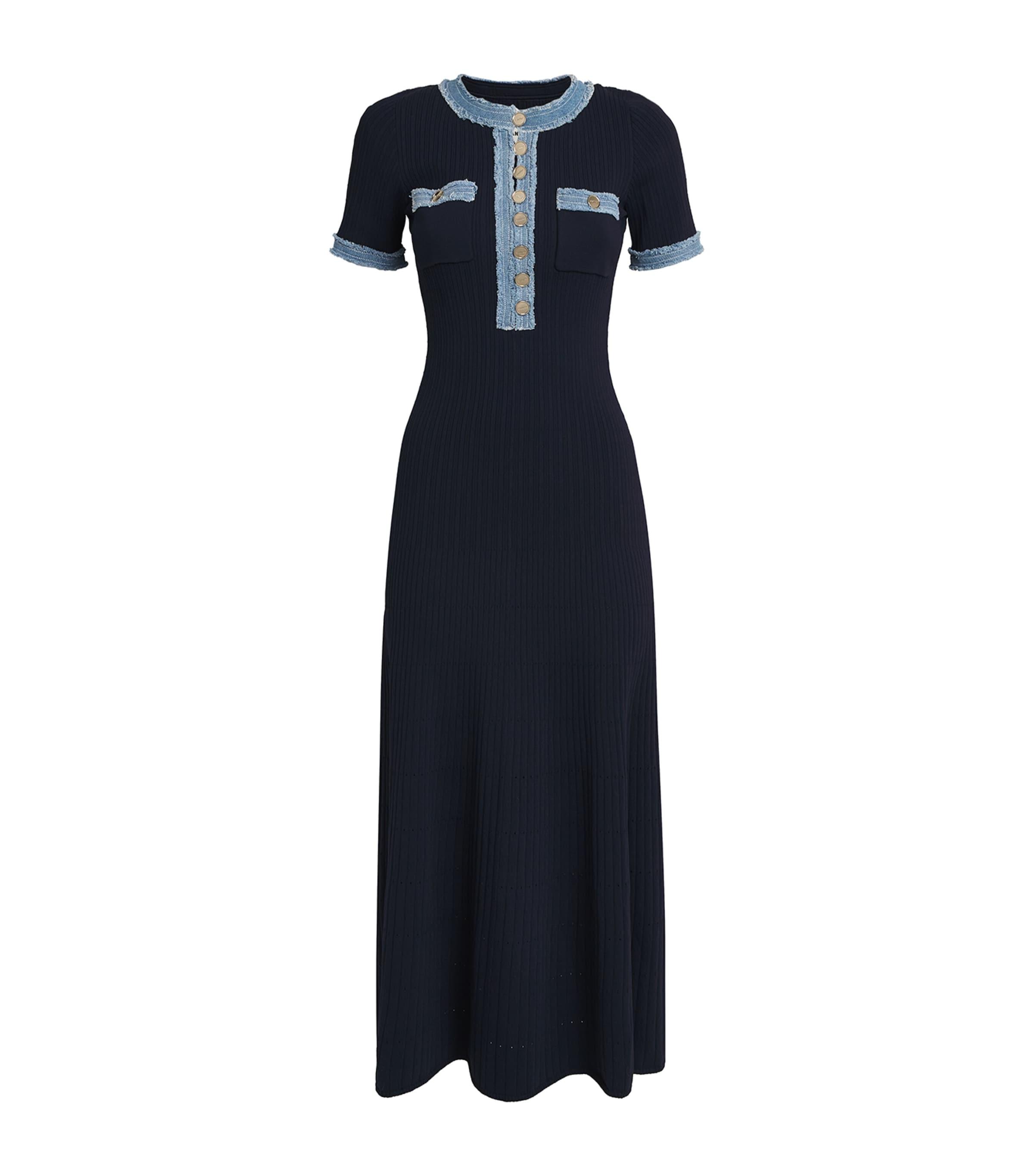 Sandro Denim-Trim Knitted Maxi Dress in Blue | Lyst