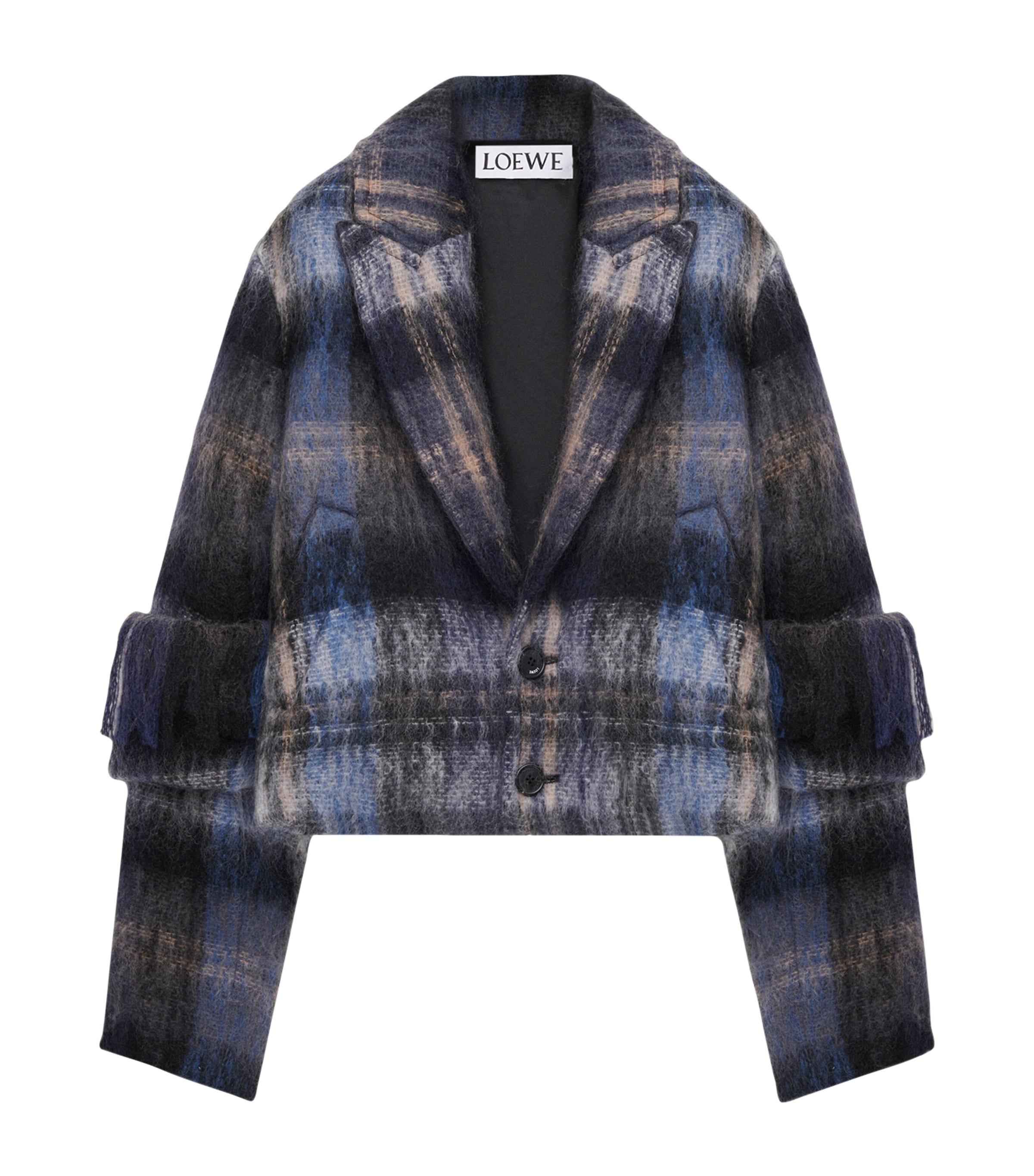Loewe Mohair-Wool Scarf-Detail Check Coat in Blue | Lyst