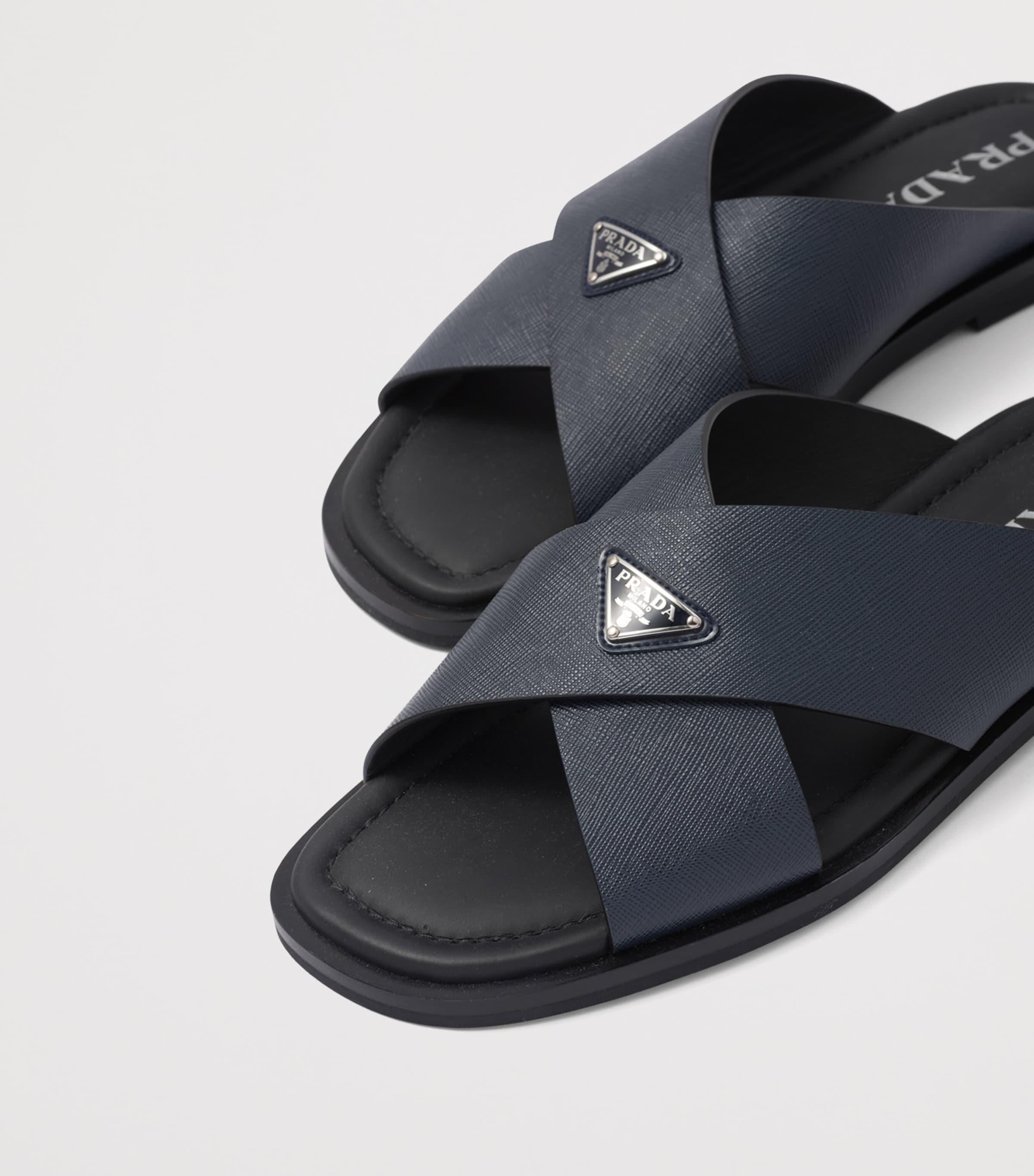 Prada Saffiano Leather Crossover Sandals in Black for Men | Lyst UK