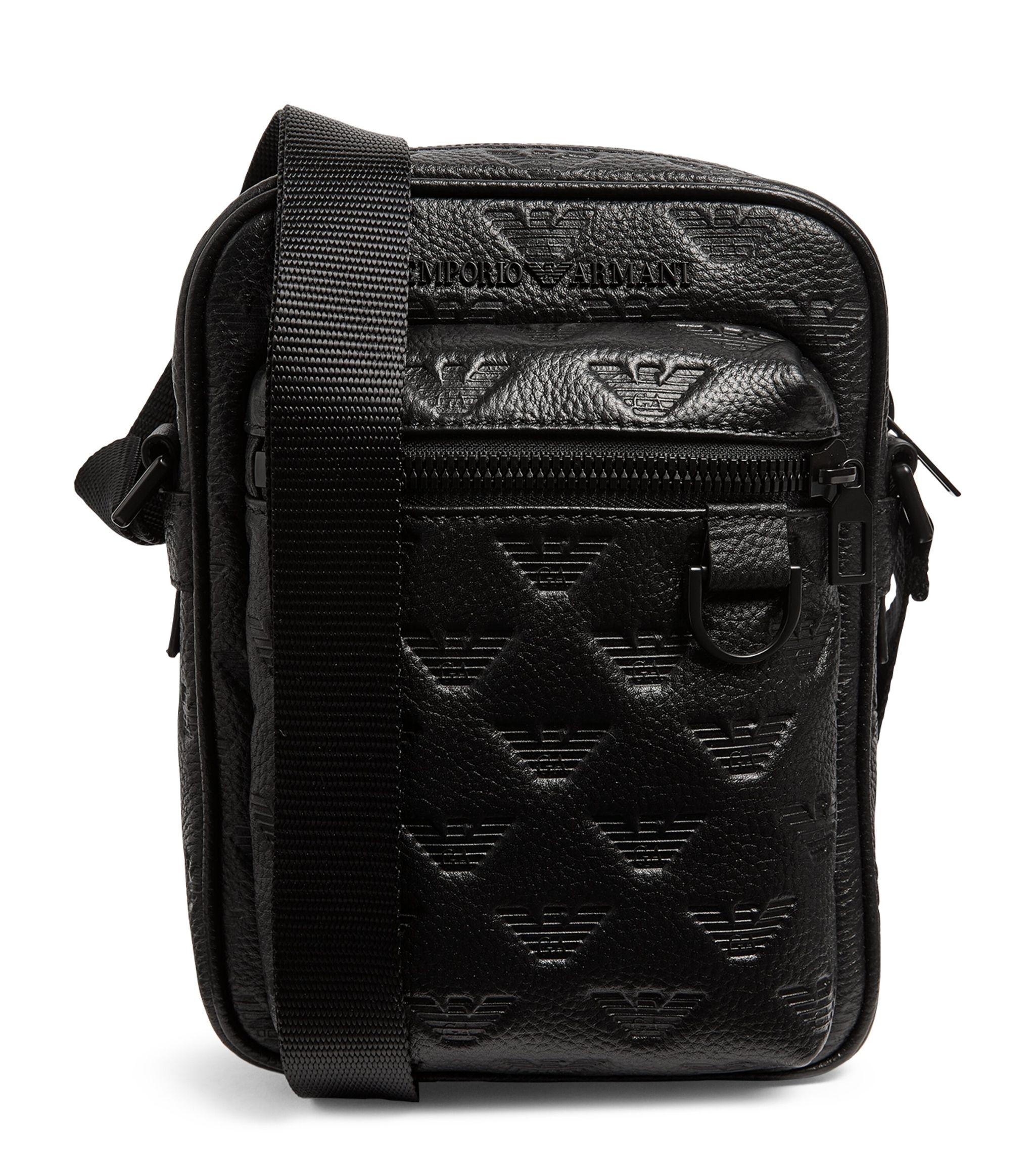 Emporio Armani Small Leather Embossed Crossbody Bag in Black for Men