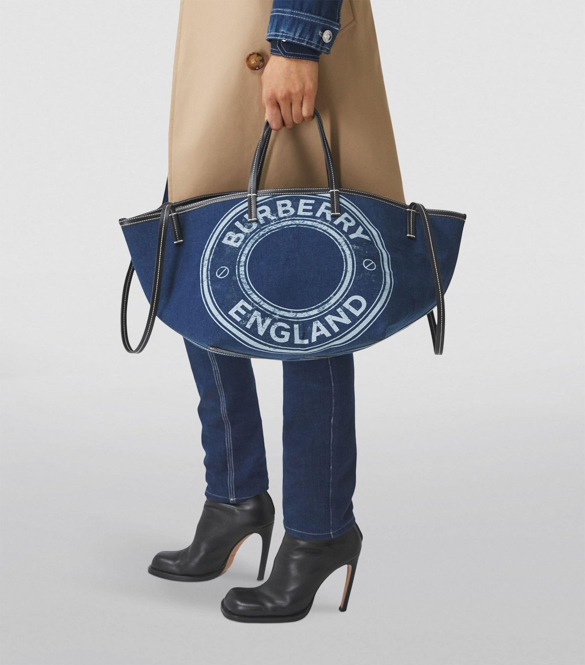 NEW Burberry Blue Printed Monogram Logo E-canvas Beach Tote Shoulder Bag  For Sale at 1stDibs