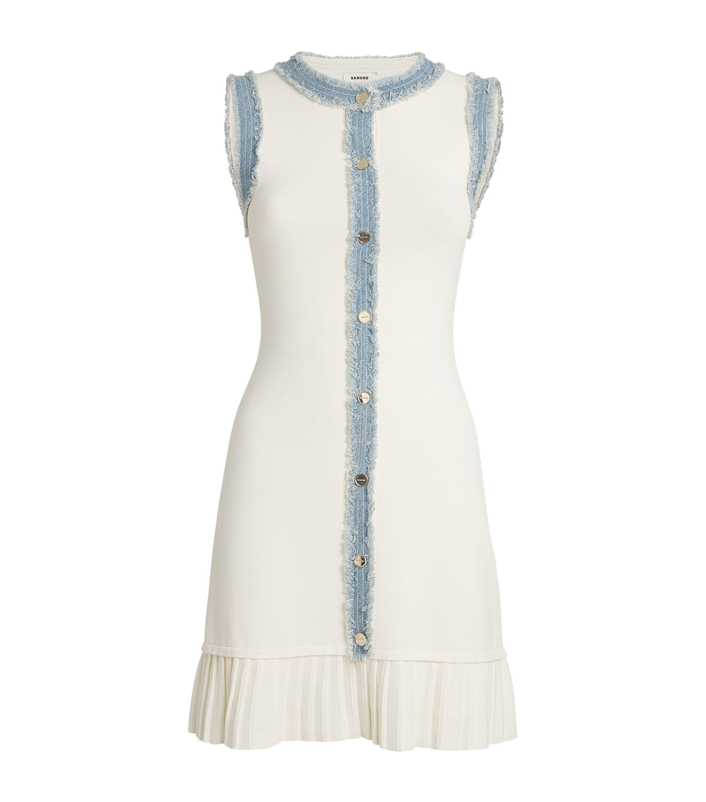 sandro white and denim dress Sandro Tweed Short Dress With Denim-Effect Trim In White - 50% Off