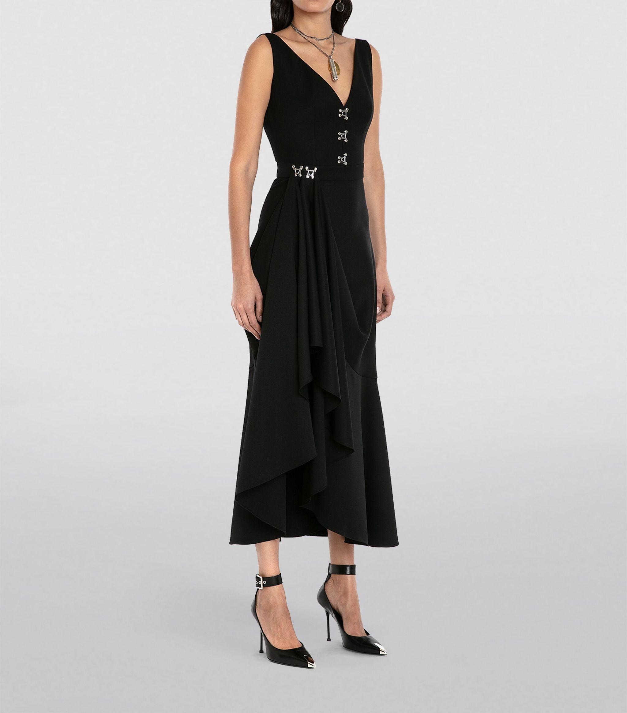 Alexander McQueen Wool Asymmetric Drape Midi Dress in Black 