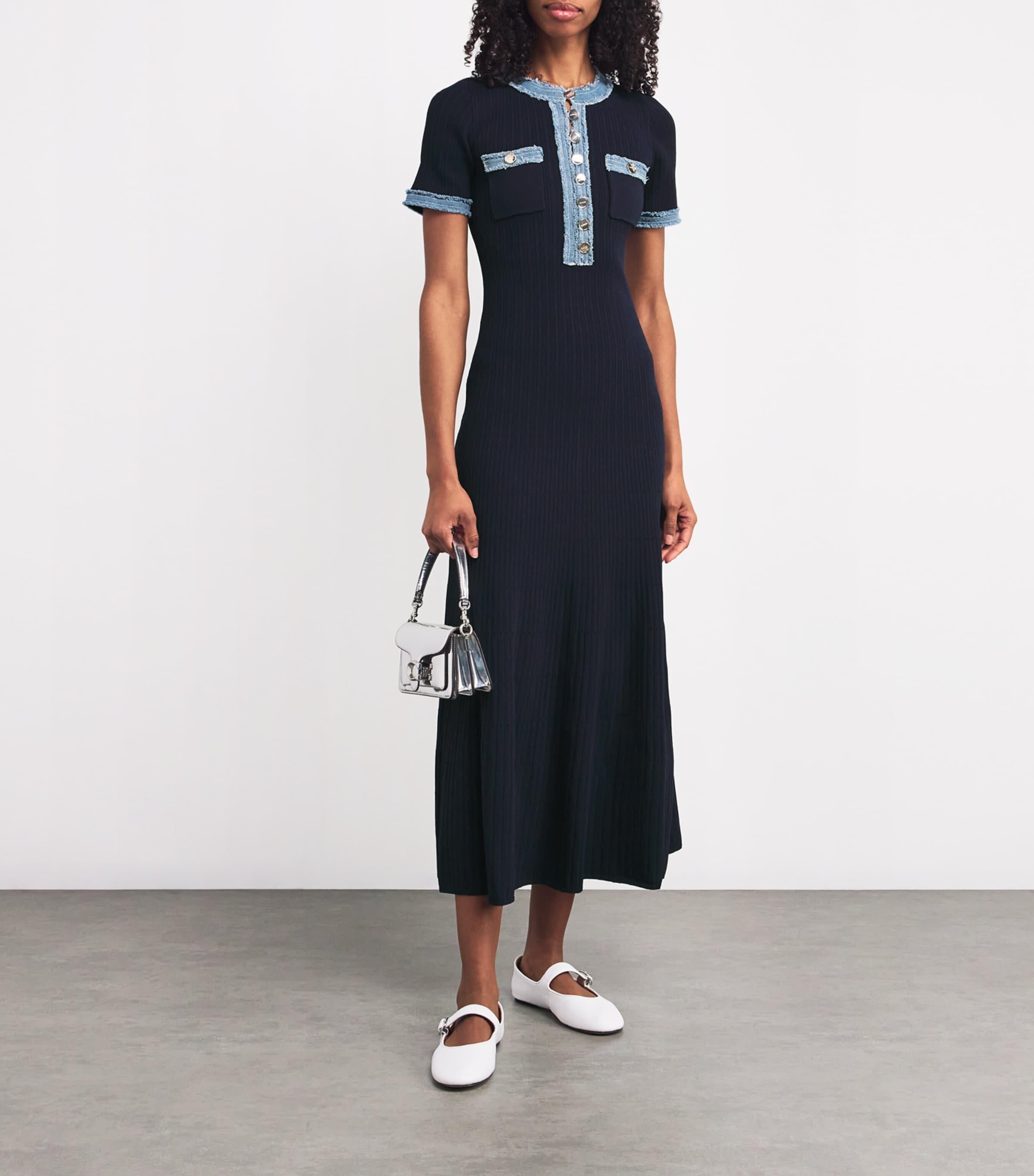 Sandro Denim-Trim Knitted Maxi Dress in Blue | Lyst