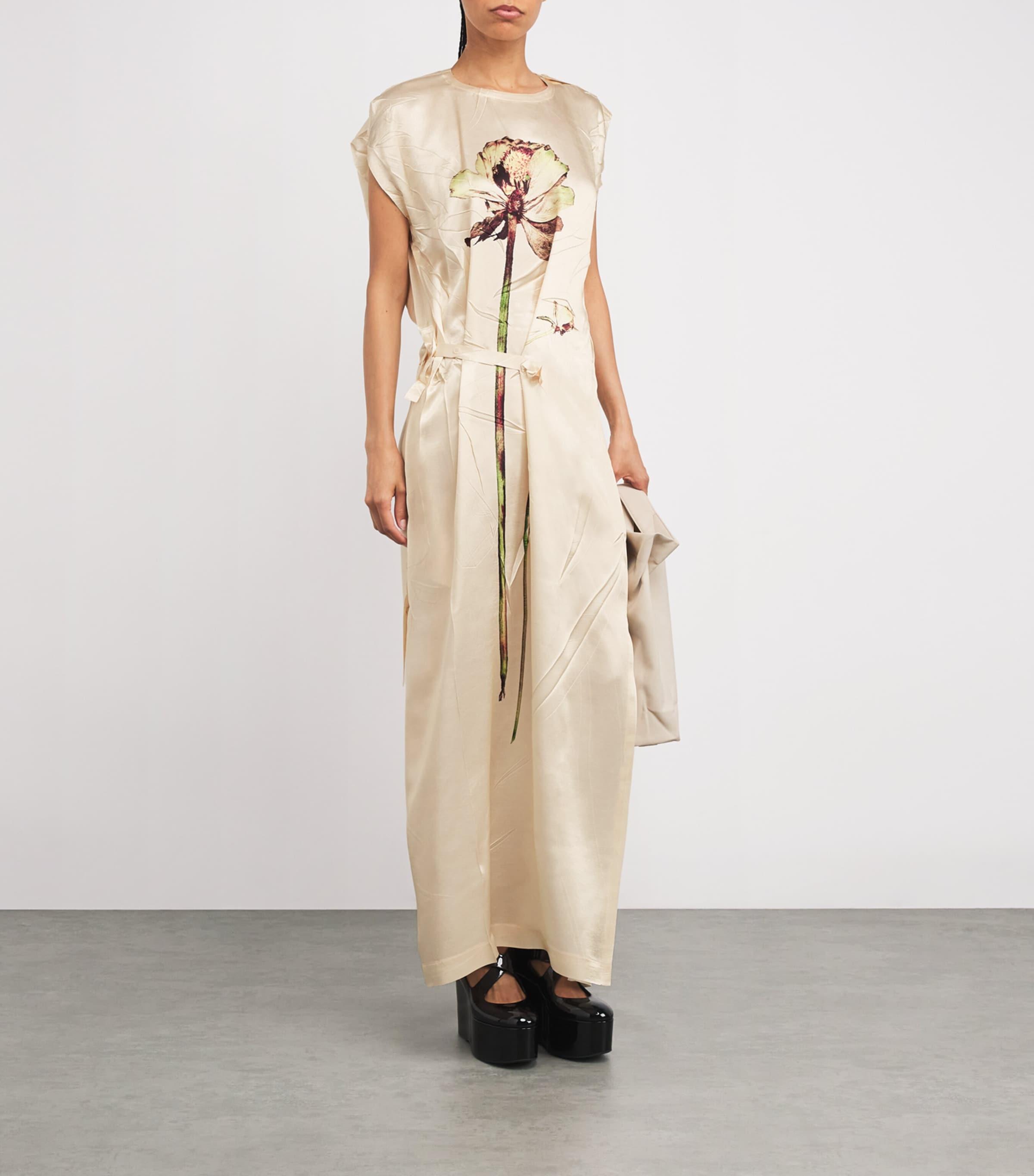 Issey Miyake Pressed Flora Ranunculus Column Maxi Dress in Natural