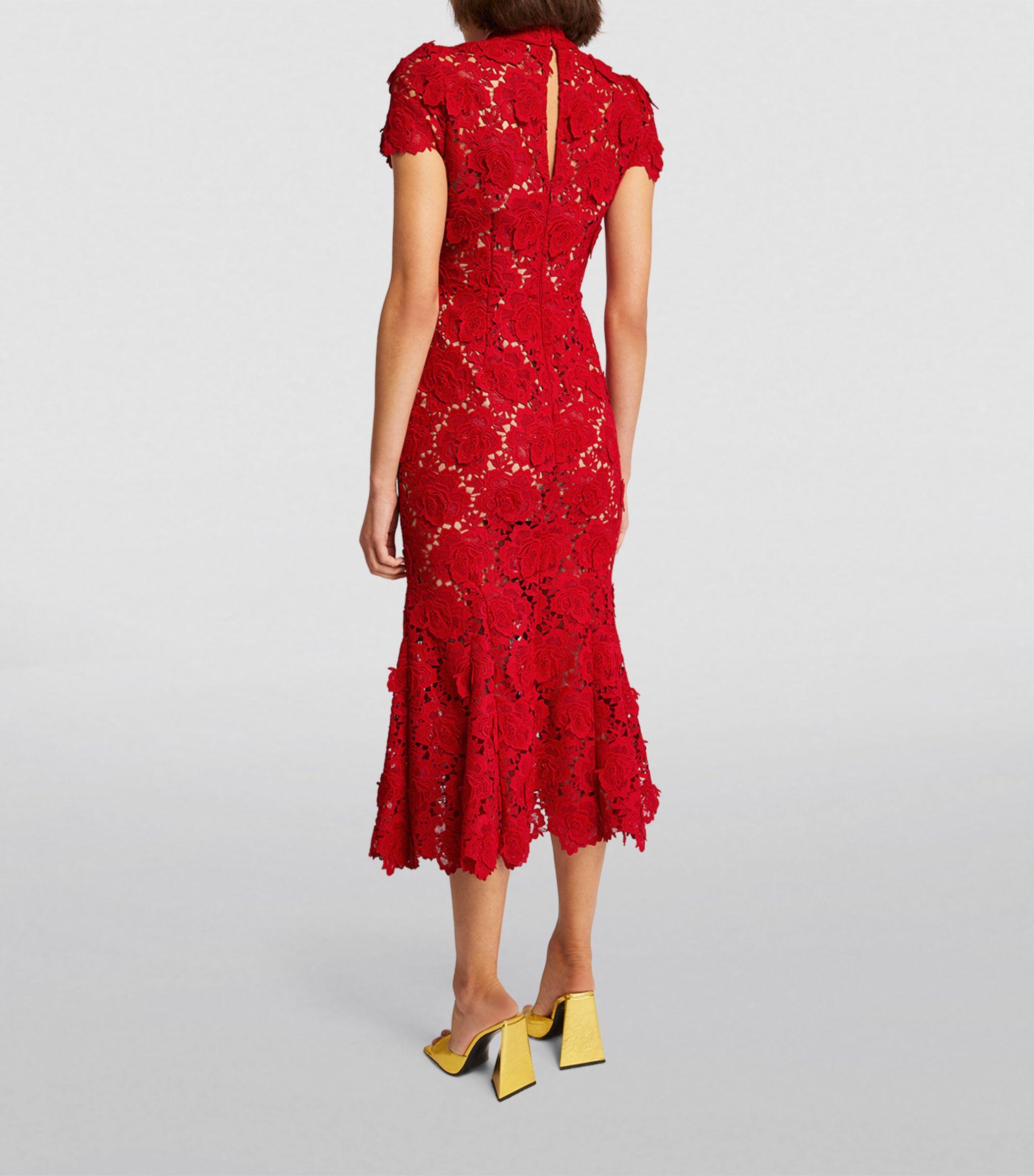 Self-Portrait Lace Midi Dress in Red | Lyst