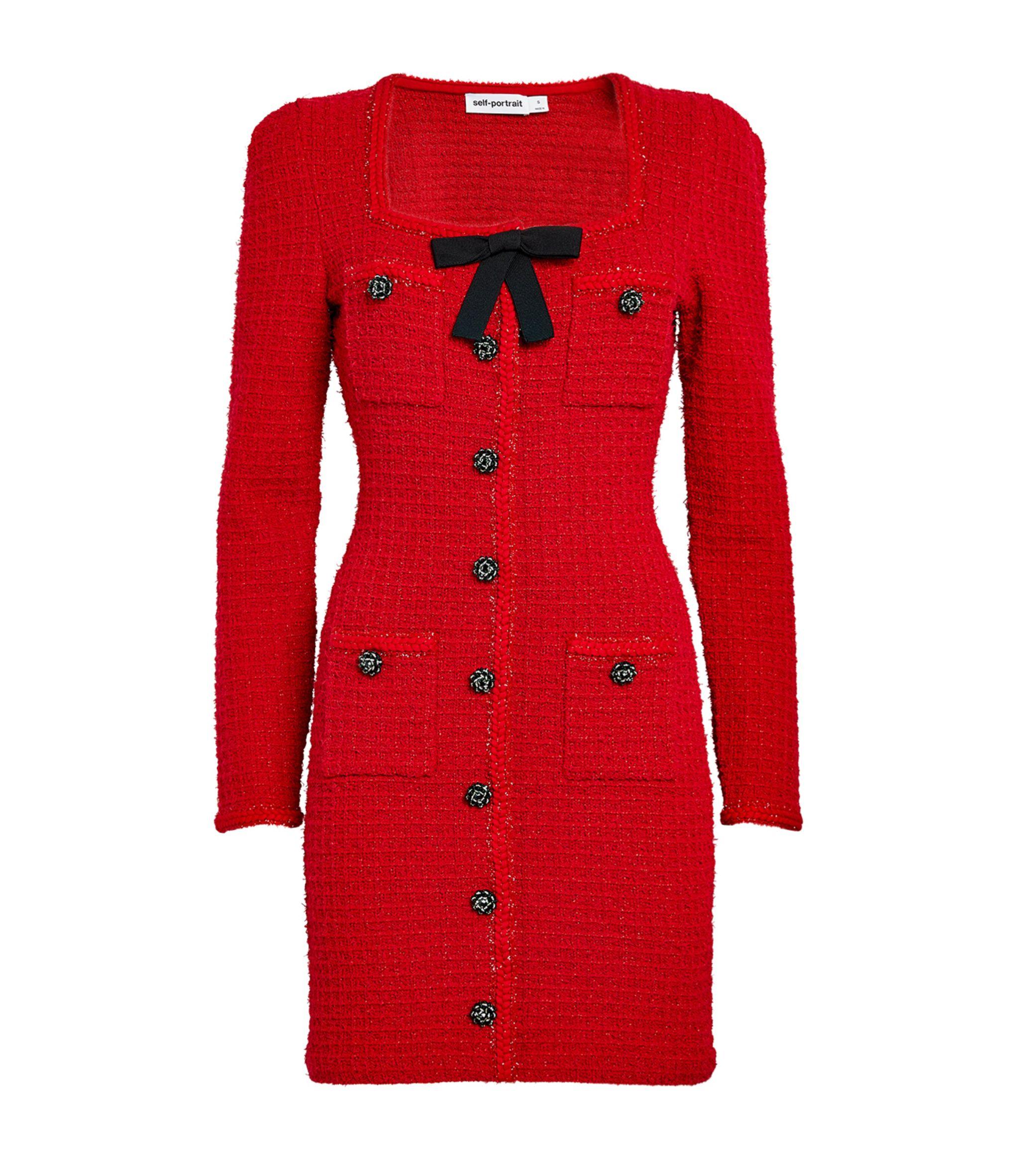 Self-Portrait Knitted Bow-detail Mini Dress in Red | Lyst