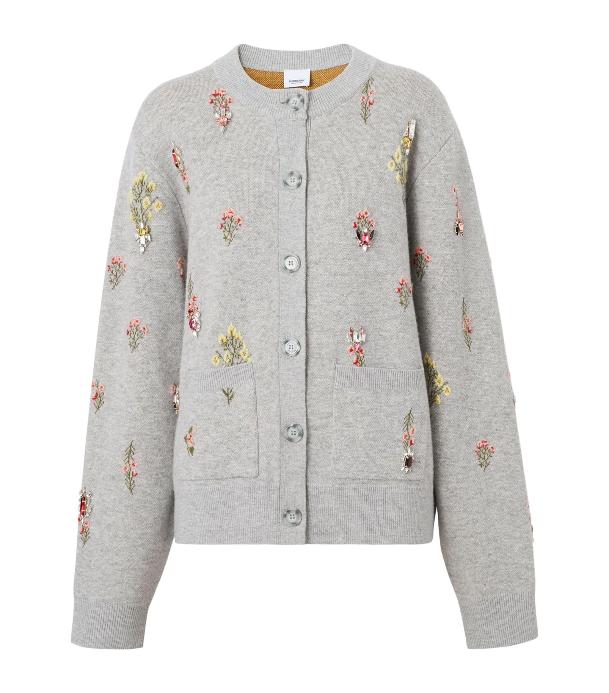 Burberry Crystal-embellished Floral Cardigan in Gray | Lyst