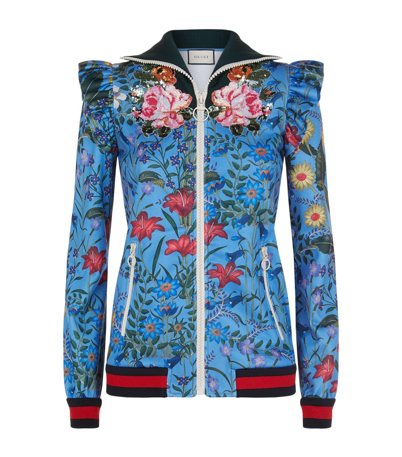 Gucci Floral Embellished Ruffle Shoulder Jacket in Blue | Lyst