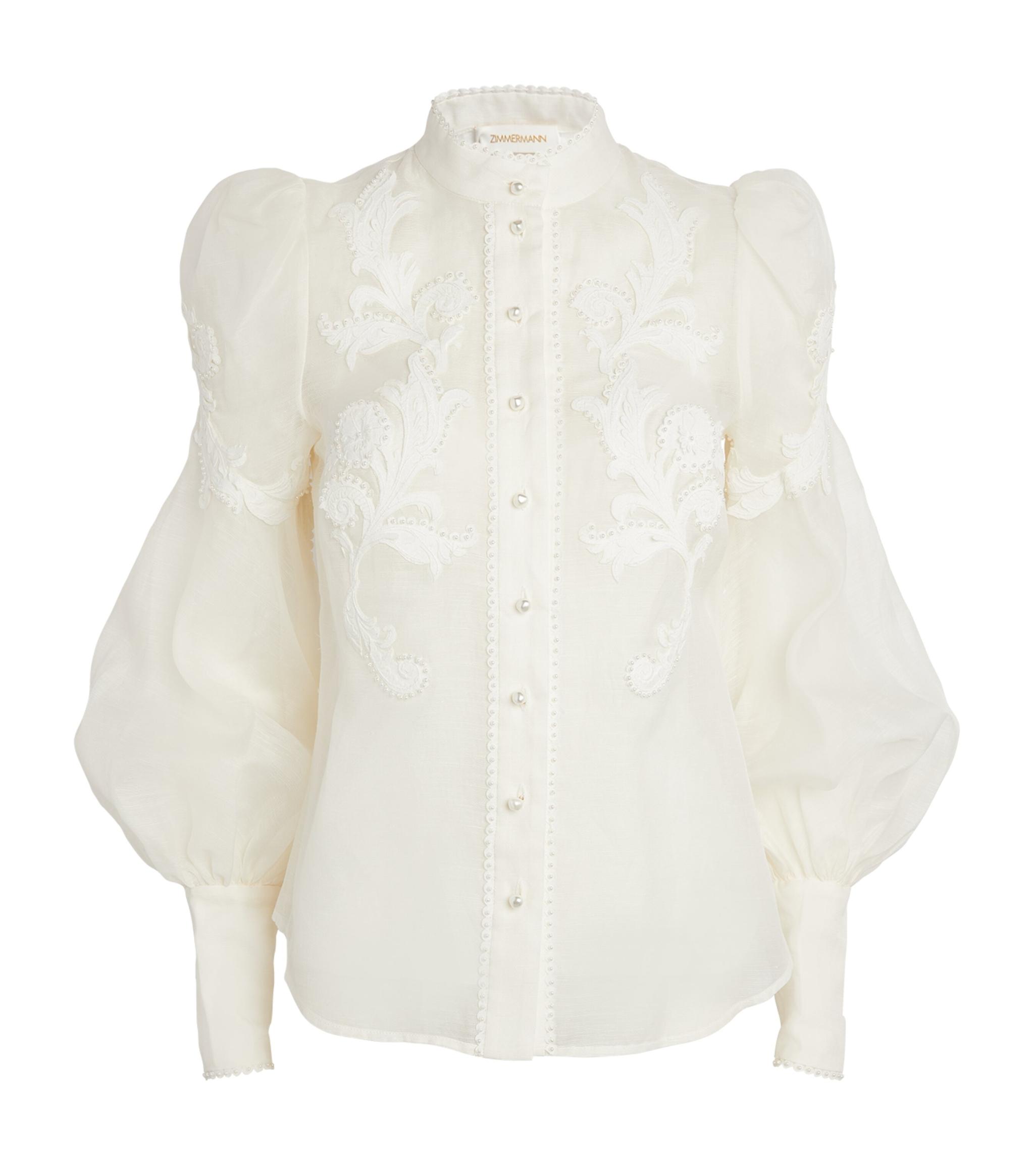 Zimmermann Pearl-embellished Linen-silk Blouse in White | Lyst UK