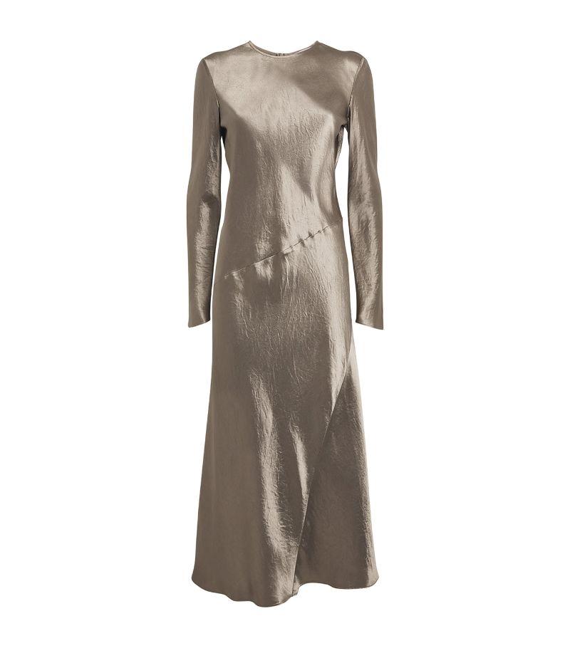 beige satin long sleeve dress Beige Solid Satin Long Sleeve Open V-Neck Ruffle Waist Tiered Maternity  Maxi Dress