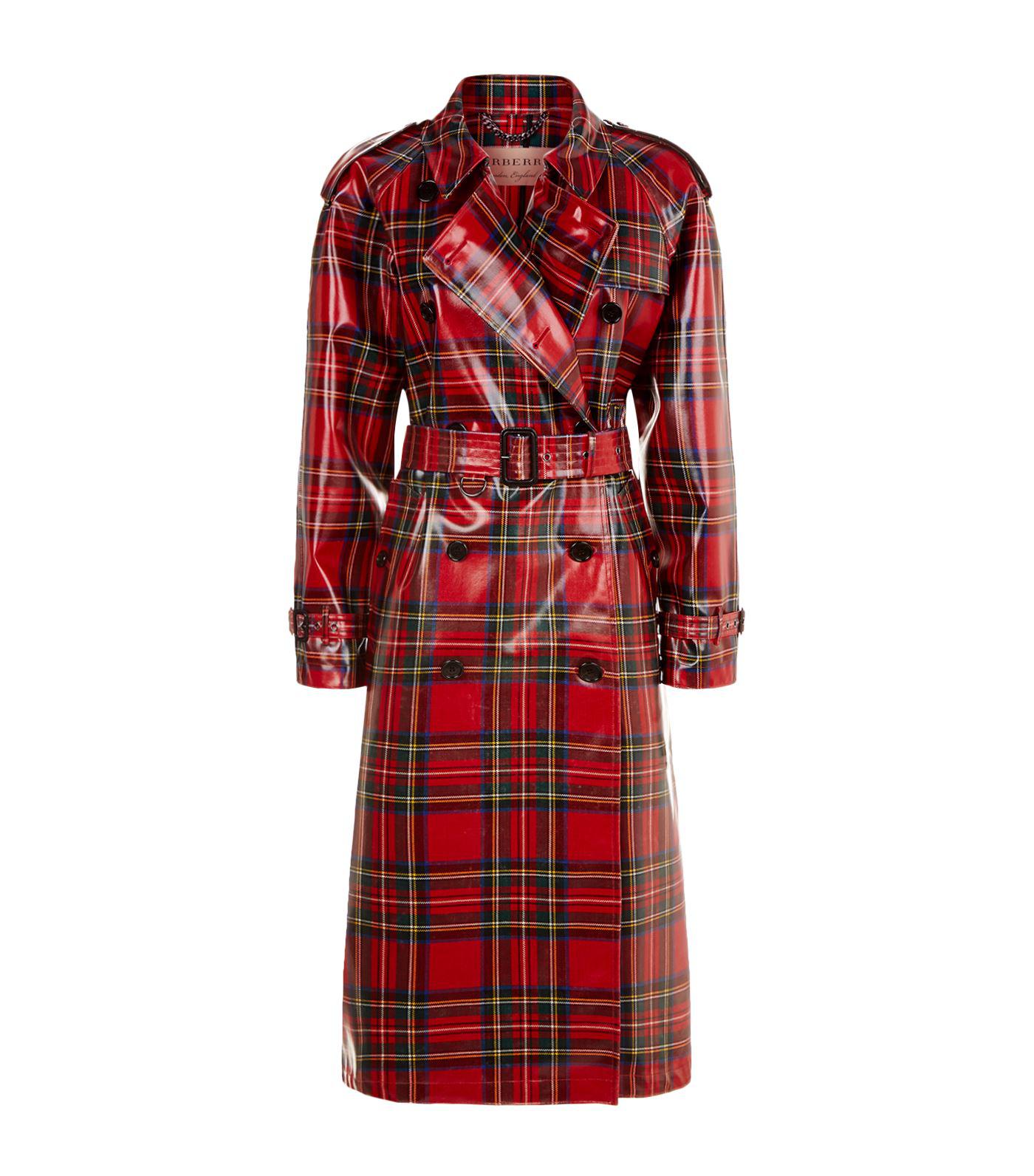 Burberry Cotton Tartan Laminated Trench Coat in Red | Lyst