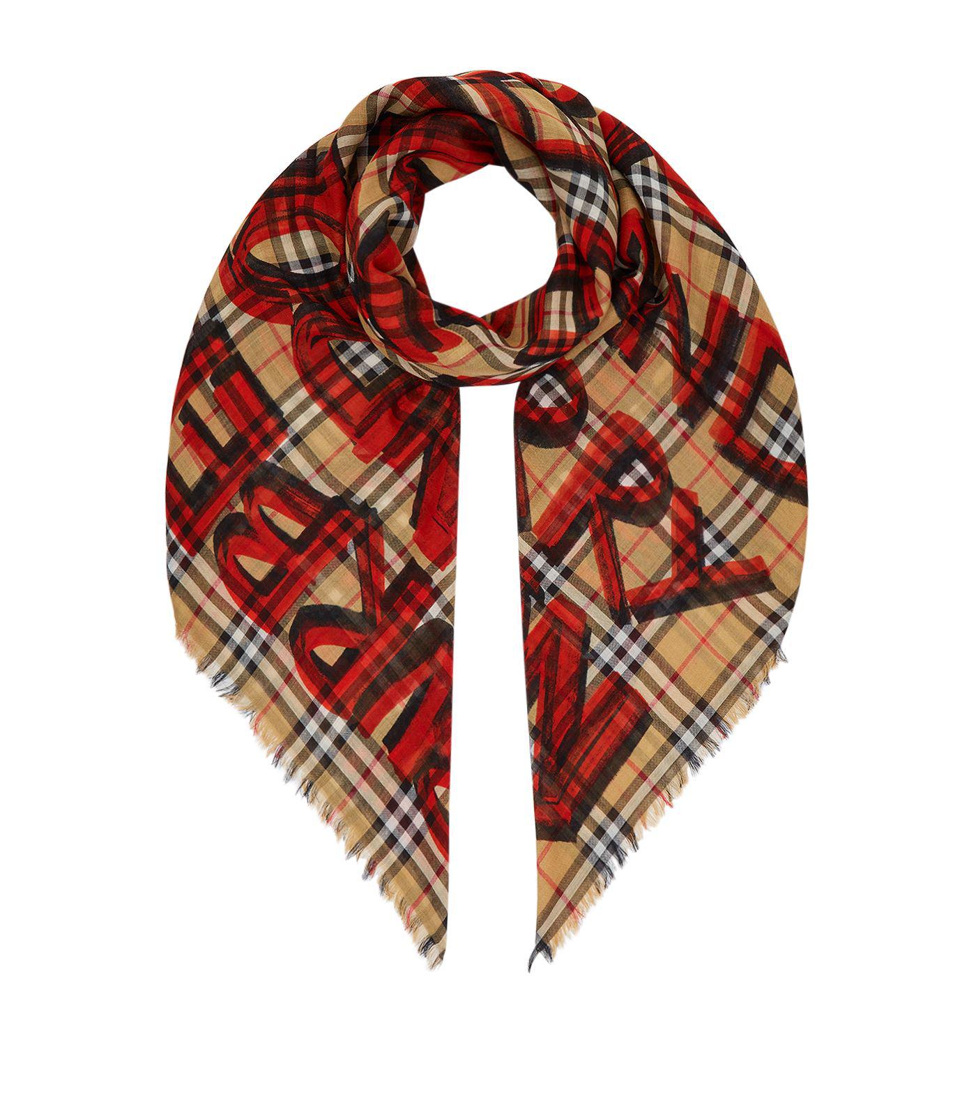 Burberry Wool Graffiti Logo Check Print Scarf in Red - Lyst