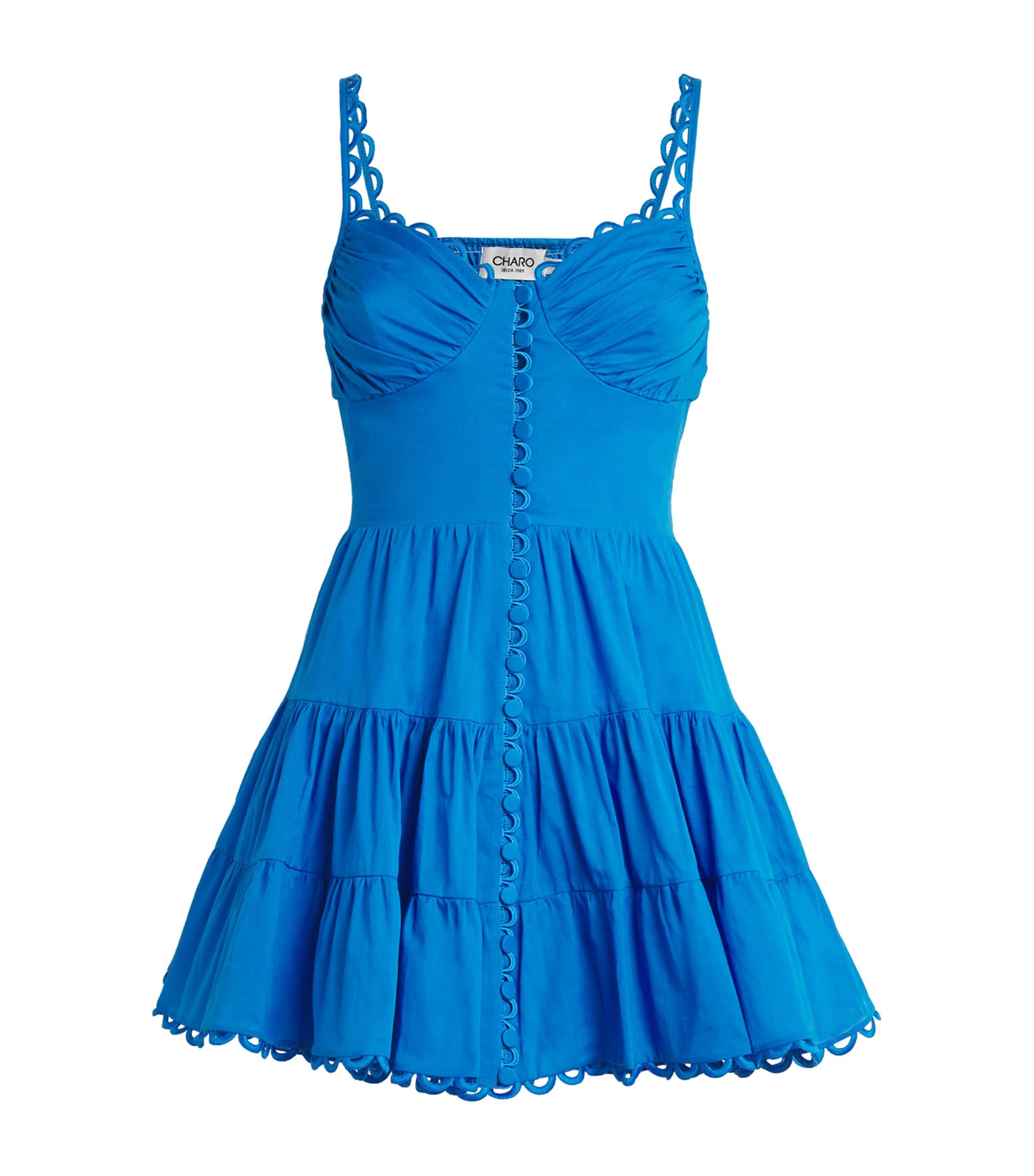 charo ruiz blue mini dress Charo Ruiz Ibiza Leora Blue & White Embroidered Ruffle Mini Skirt