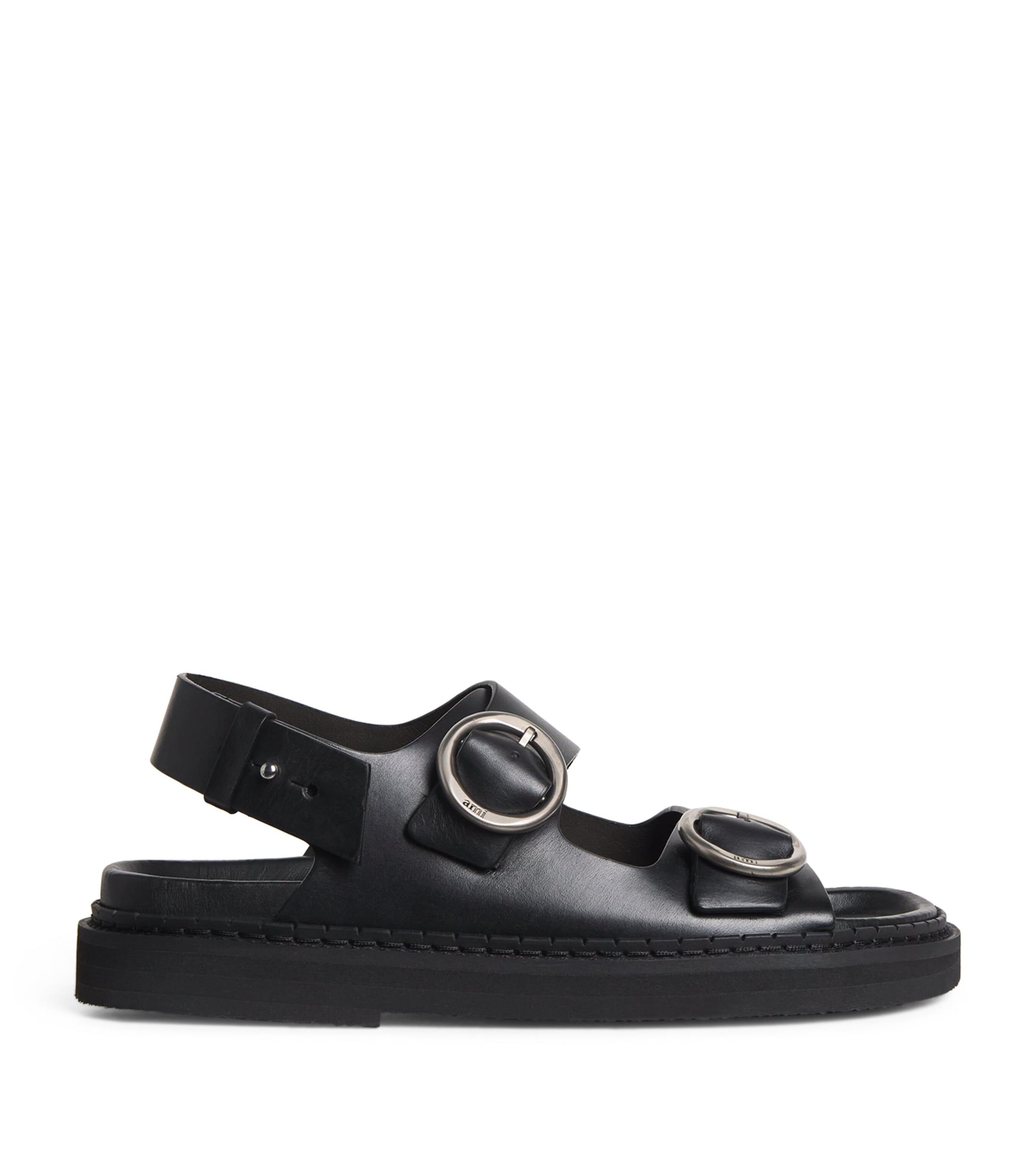 サンダル AMI PARIS Fussbet Sandals - AMI Paris - Leather - Black AMI Paris: Black Leather Fussbet Midi Sandals | SSENSE