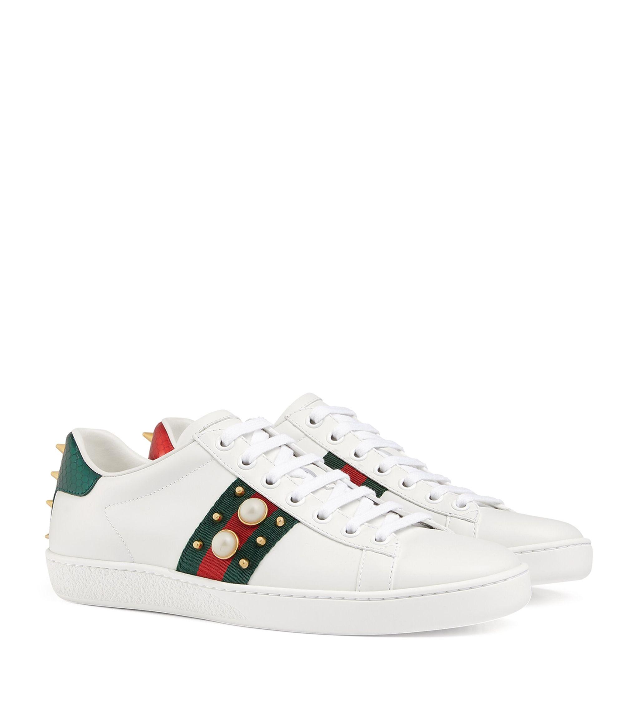 Gucci Ace Pearl And Stud-Detail Leather Trainers in White - Save 55% - Lyst