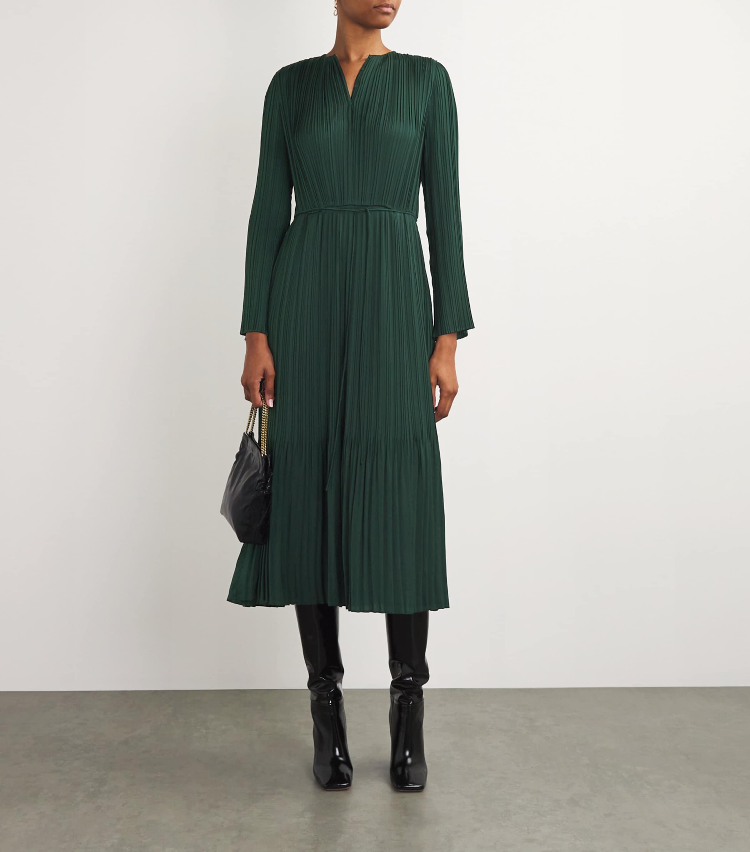 Vince Satin Belted Pleated Midi Dress in Green | Lyst