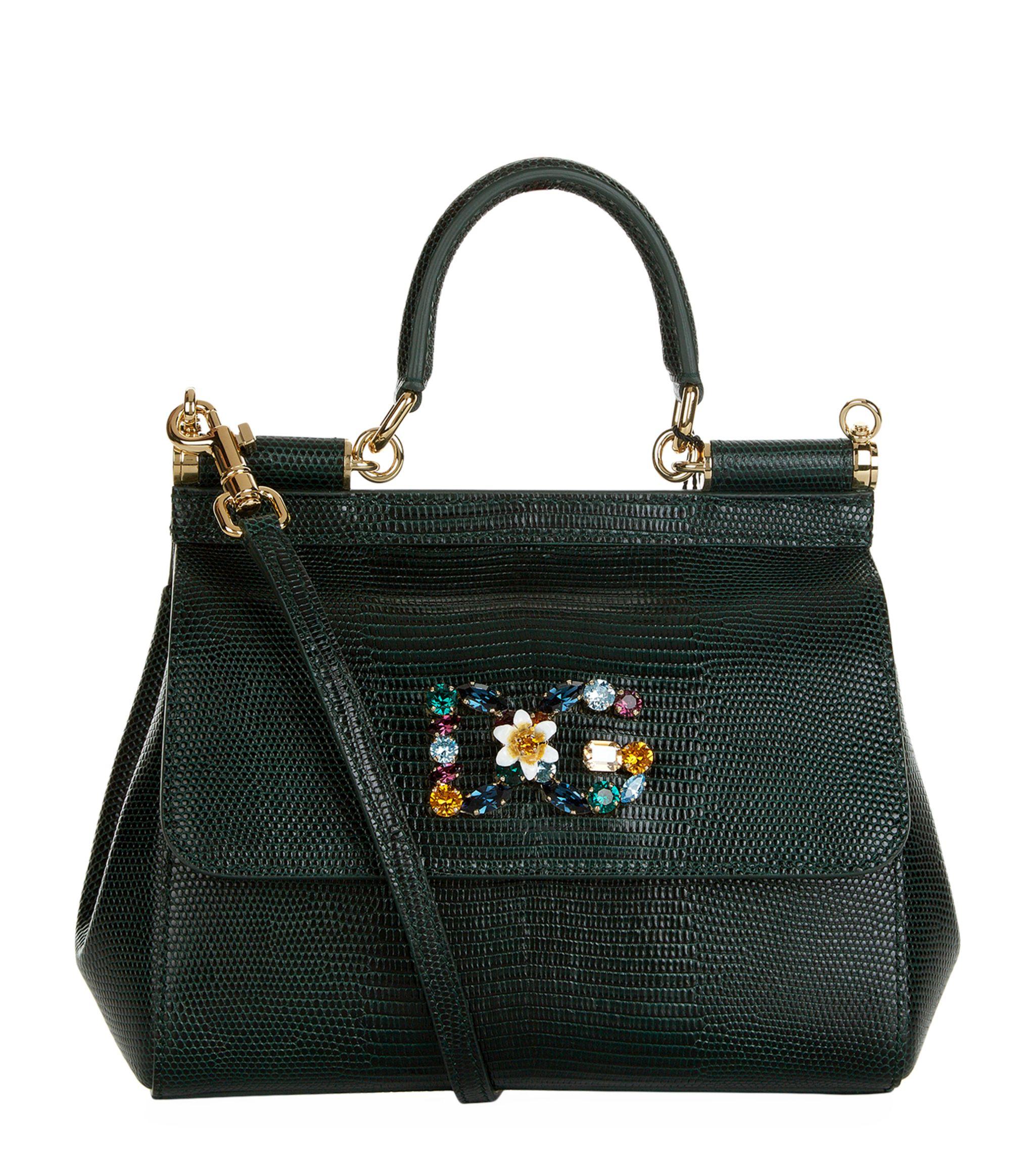 Dolce & Gabbana Small Calfskin Sicily Bag With Iguana-print And Dg Crystal  Logo Patch in Black | Lyst