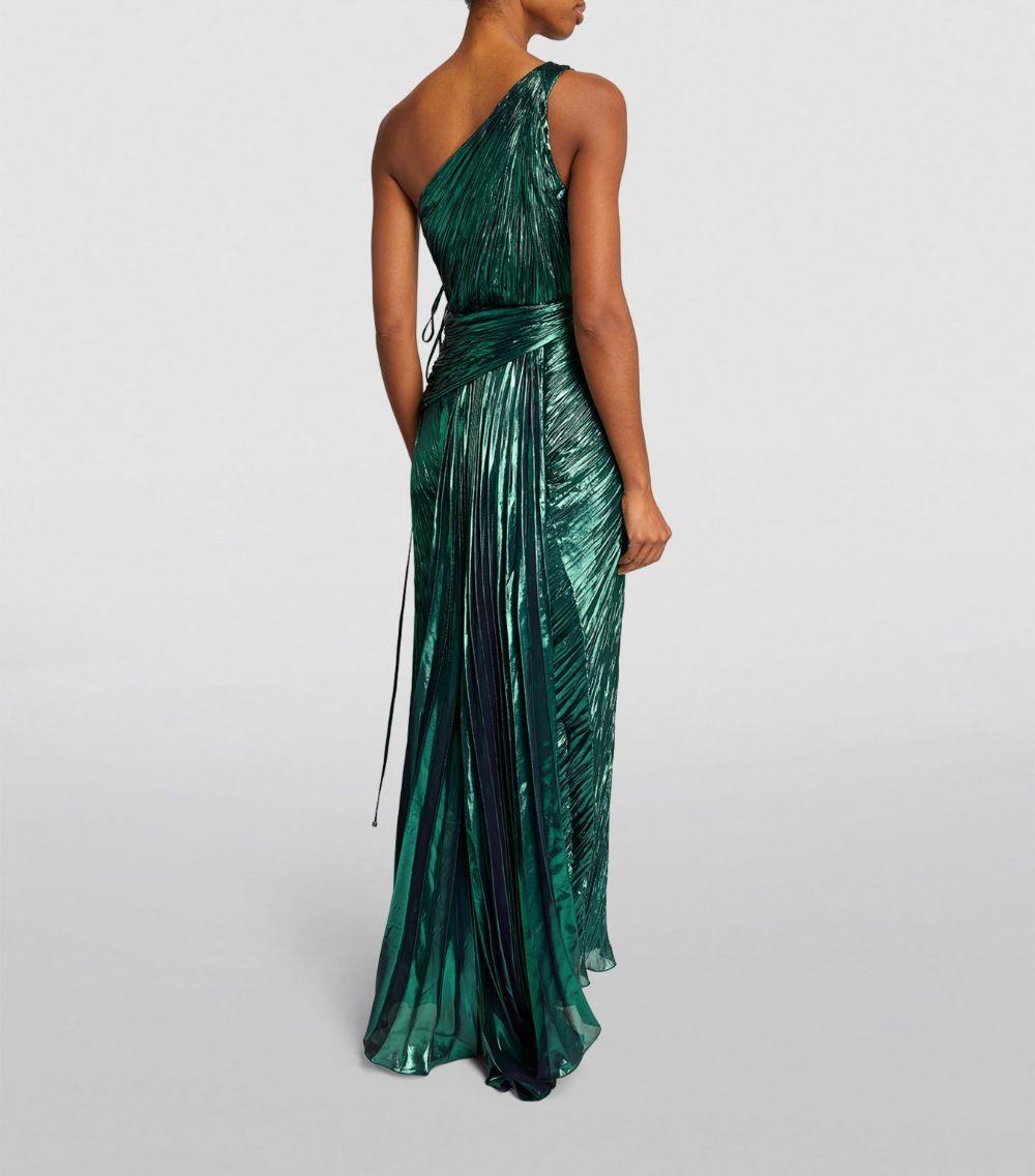 maria lucia hohan one shoulder dress Maria Lucia Hohan Jolene Metallic Plisse One-Shoulder Thigh-Slit Gown